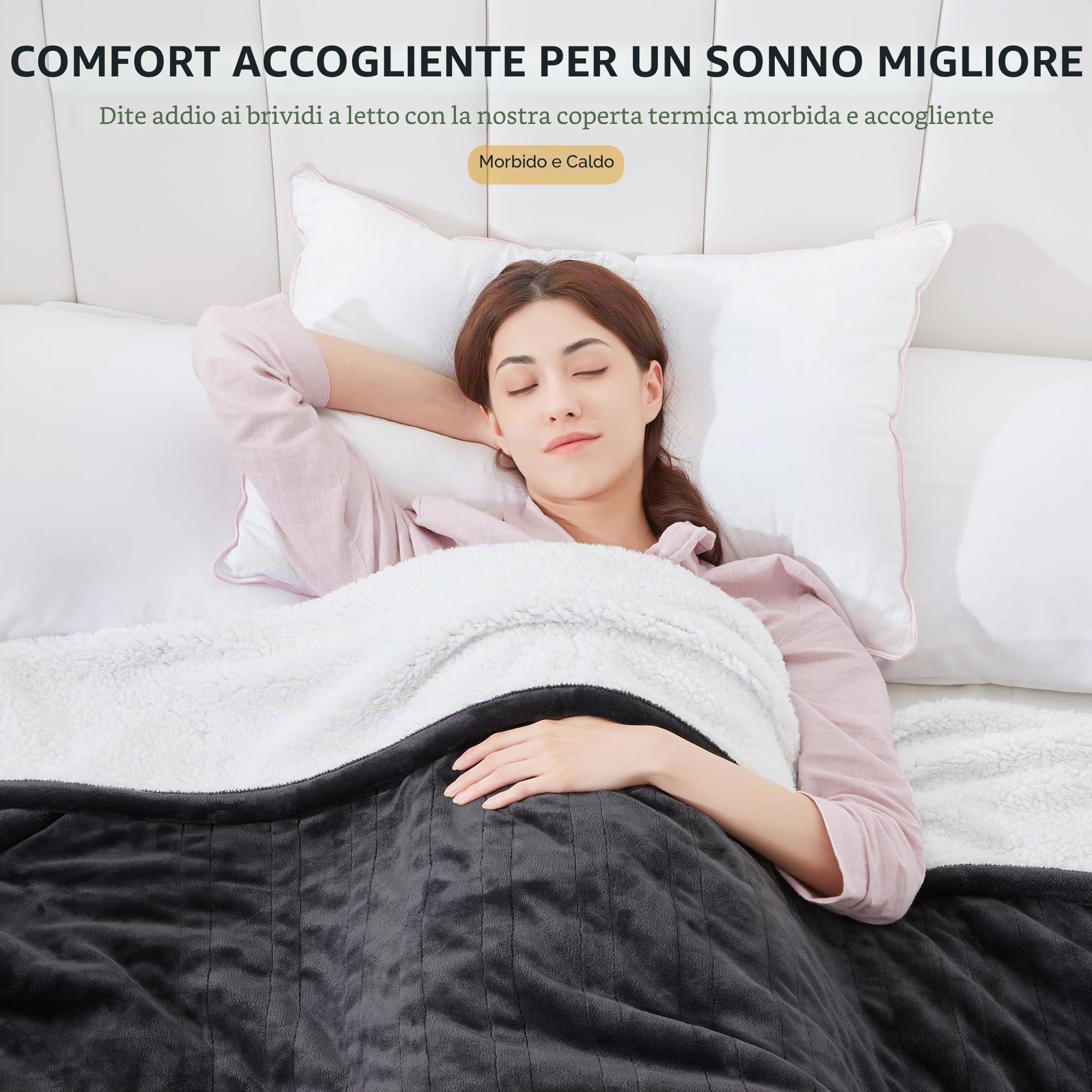 Coperta Elettrica Matrimoniale Flanella Sherpa 150x200cm, Grigio 6 Impostazioni di Calore, Da 1 a 10 ore di auto-off, Riscaldamento rapido, Protezione contro il Surriscaldamento