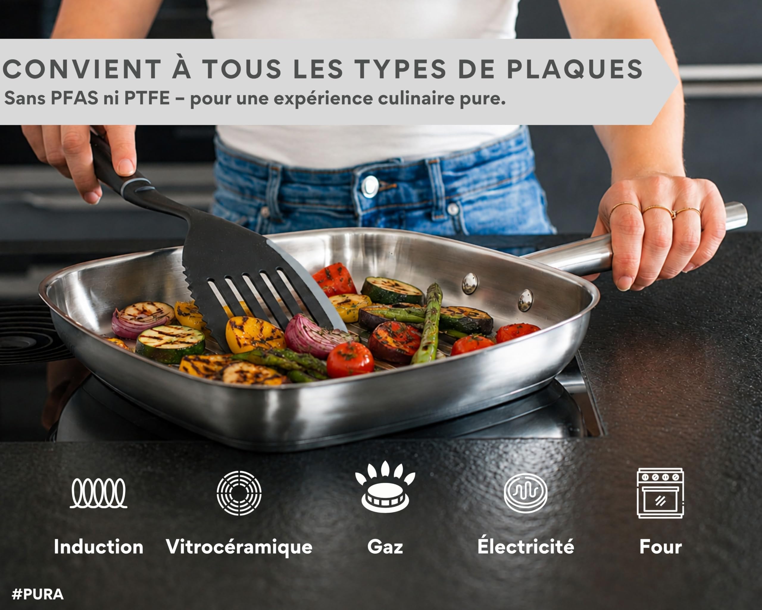 DIVORY Poêle Grill PURA 28 x 28 cm, Acier Inoxydable Sans Revêtement | Induction, Compatible Four et Tous Feux, Sans PTFE ni PFOA, Poêle à Steak