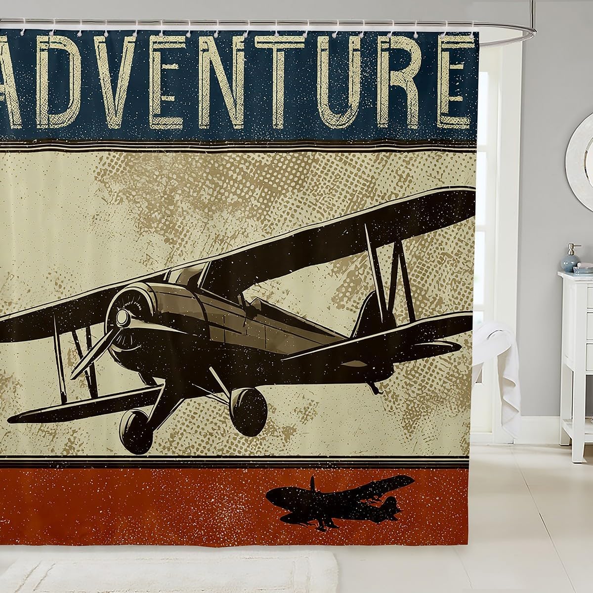 Vintage Airplane Shower Curtain Set,Flying Aircraft Bathroom Curtain,Kids Girls Boys Adults Retro Adventure Waterproof Fabrics Modern Luxurious Bathroom Decor with 12 Hooks,72" W x 84" L