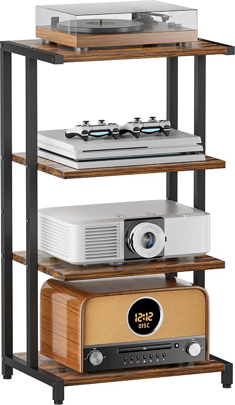 Soporte de almacenamiento multimedia de 4 niveles, estante de medios de audio para sala de estar, sala de juegos, estudio de música, estante de consola de juegos de madera para accesorios de TV/equipo audiovisual/disco óptico/PS4, negro