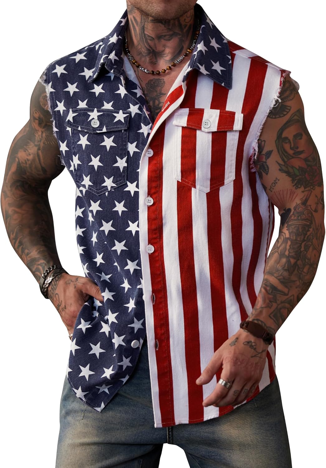 Mainfini Men's American Flag Denim Vest 4th of July Sleeveless Jacket With Pockets (S-XXL)