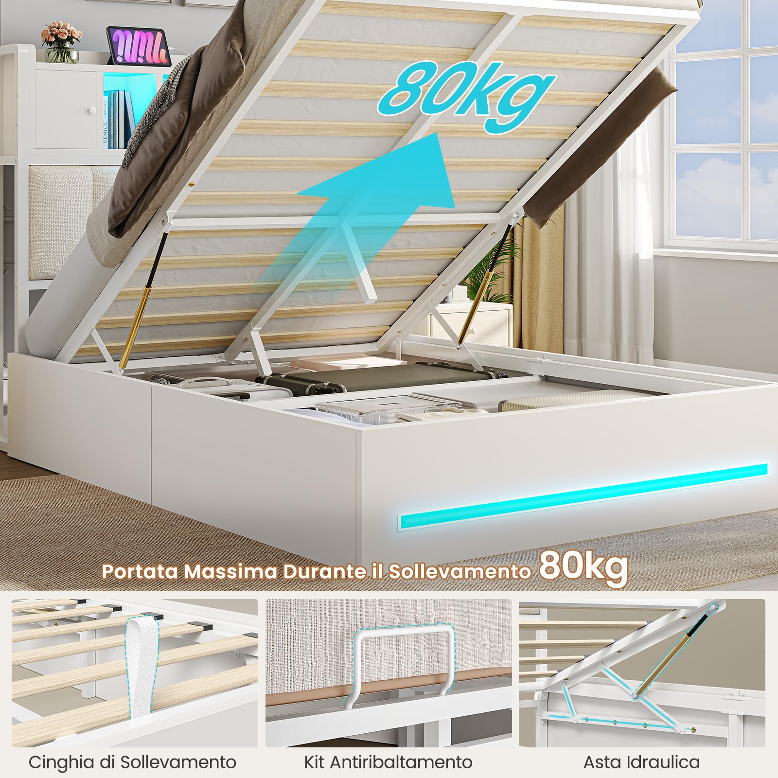 AOGLLATI Letto Contenitore 90x200 cm con Sollevamento Idraulico, Letto Singolo con Luci LED e Porta USB, Sommier a Doghe in Legno, Testiera Imbottita Nero con 7 Vani Portaoggetti, Bianco