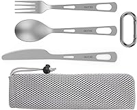 OUTXE Ultralight Titanium Knife Fork Spoon Set - Camping Cutlery with Bag & Carabiner for Hiking Travel Picnic