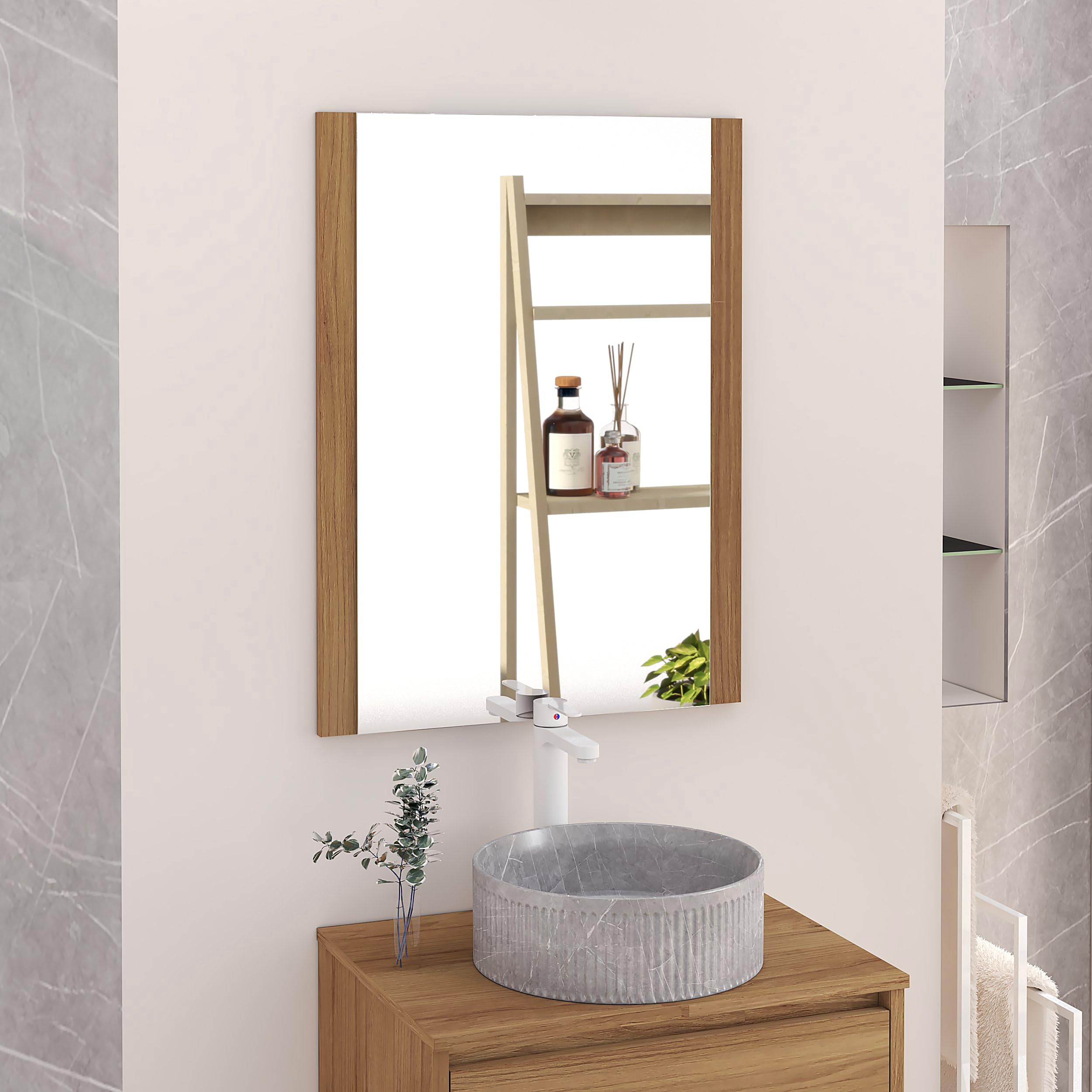 Miroir de salle de bain rétroéclairé Baikal en bois de teck 70x80 cm résistant à l'humidité
