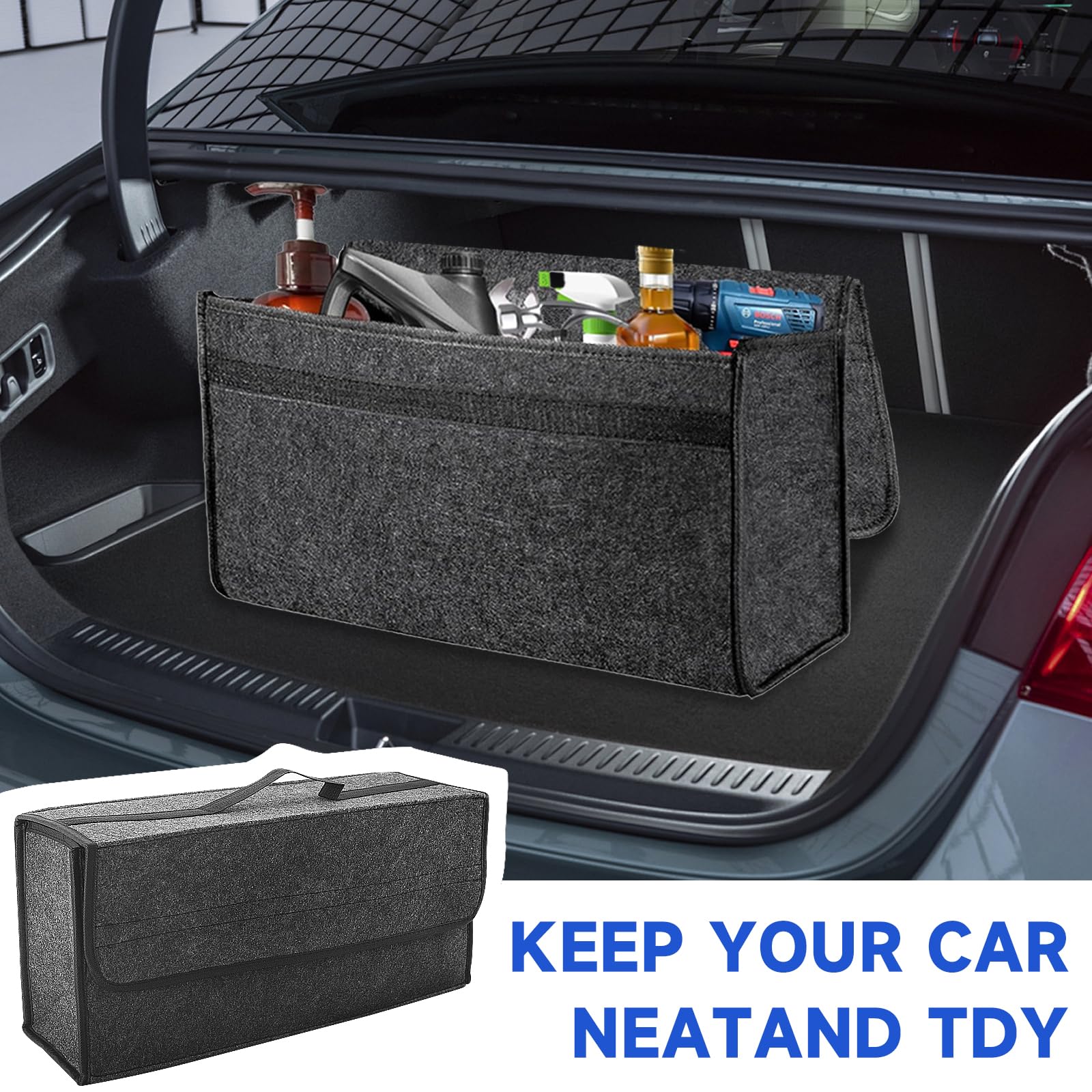 Auto Kofferraum Organizer, Faltbar Kofferraumtasche, Rutschfest Filz Auto Organizer Toolbag mit Klettbändern, Universell Autotasche, Kfz Zubehör Geeignet für alle Fahrzeuge (1 Stück)