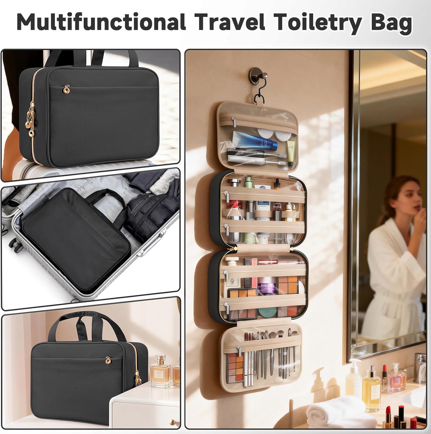 Travel Toiletry Bags, Portable Travel Bag with Hanging Hook for Women, Waterproof and Hanging Makeup Bag Travel Organizer Accessories for Travel Essentials (Black, Large)