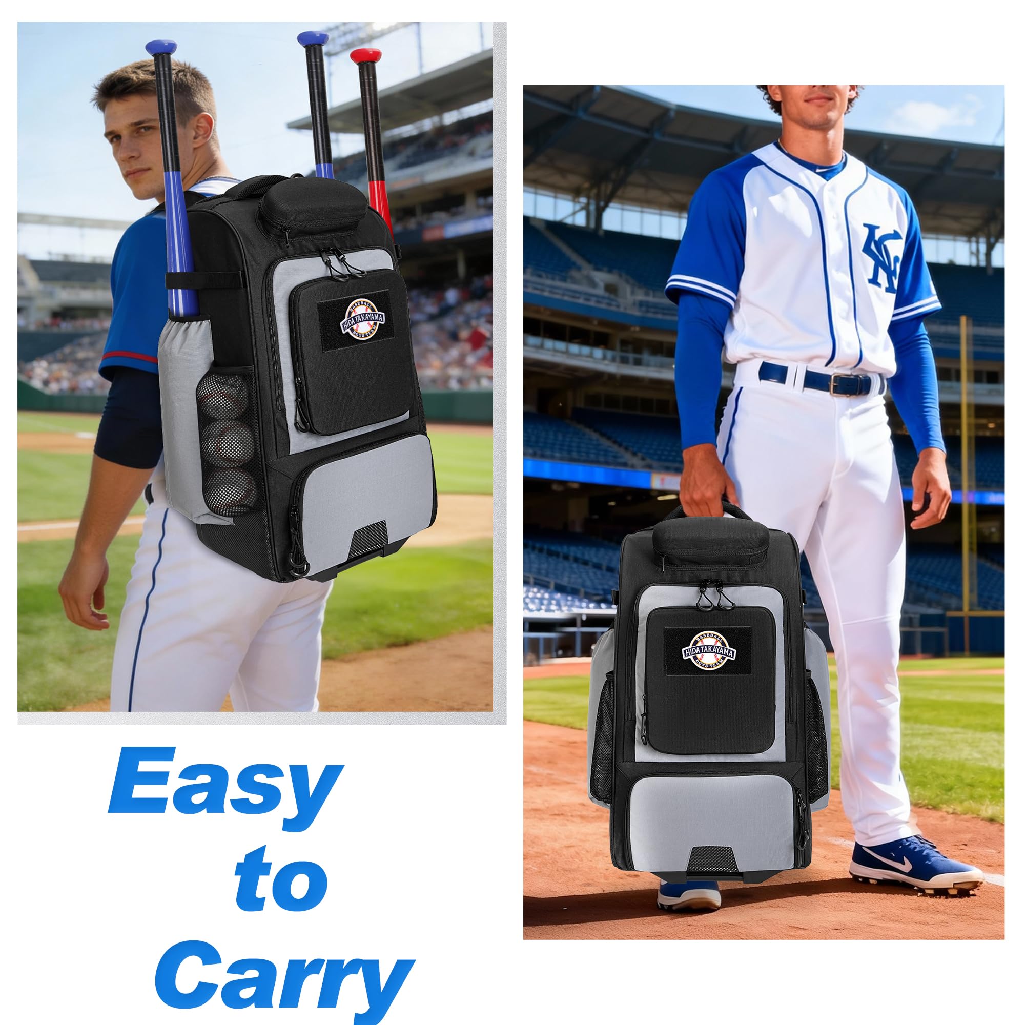 GOBUROS Baseball Rucksack mit Rollen, Softball-Ausrüstungstasche für 4 Schläger, Rollrucksack mit Schuhfach und Mehreren Taschen für Baseball Ausrüstung und Zaunhaken