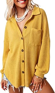 Dokotoo Womens Waffle Knit Shacket Jacket Casual Button Down Shirts Tops | Long Sleeve,Loose Fit,Boyfriend Style,Collared V Neck,Fall Cardiga,Outwear with Pockets