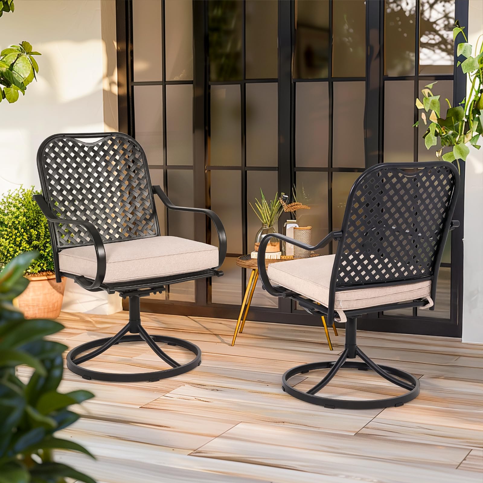 MELLCOM Patio Swivel Chair Set of 2, Heavy Duty Outdoor Dining Chairs with Thickened Cushions, Metal Patio Chairs Gentle Rocker for Outside, Garden &