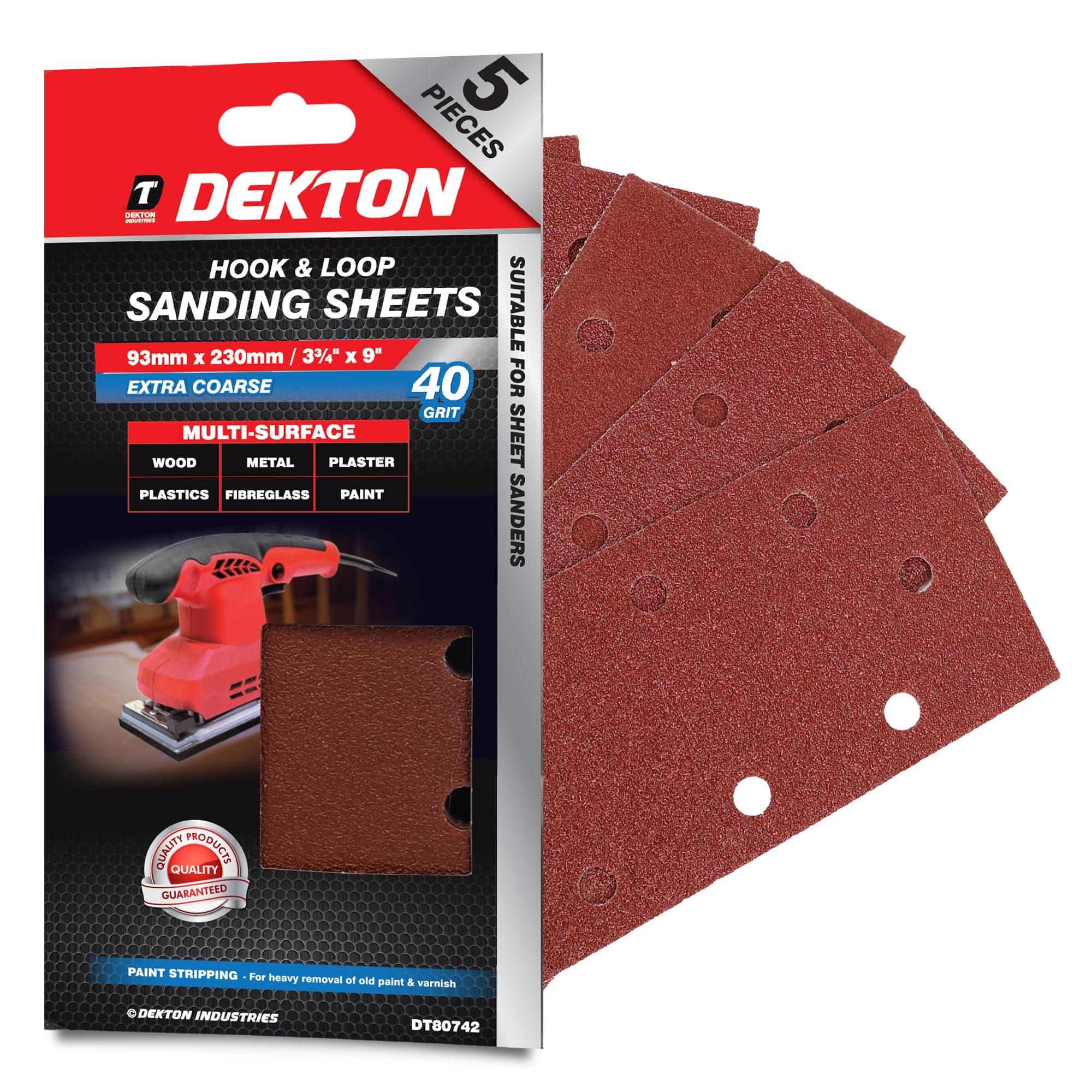 Dekton 5PC Hook and Loop Sanding Sheets 230mm/Extra Coarse - 40 Grit | Ideal for Sheet Sanders | Multi-Surface Use on Wood, Metal, Plaster, Plastics & Paint | Heavy-Duty Sanding Performance