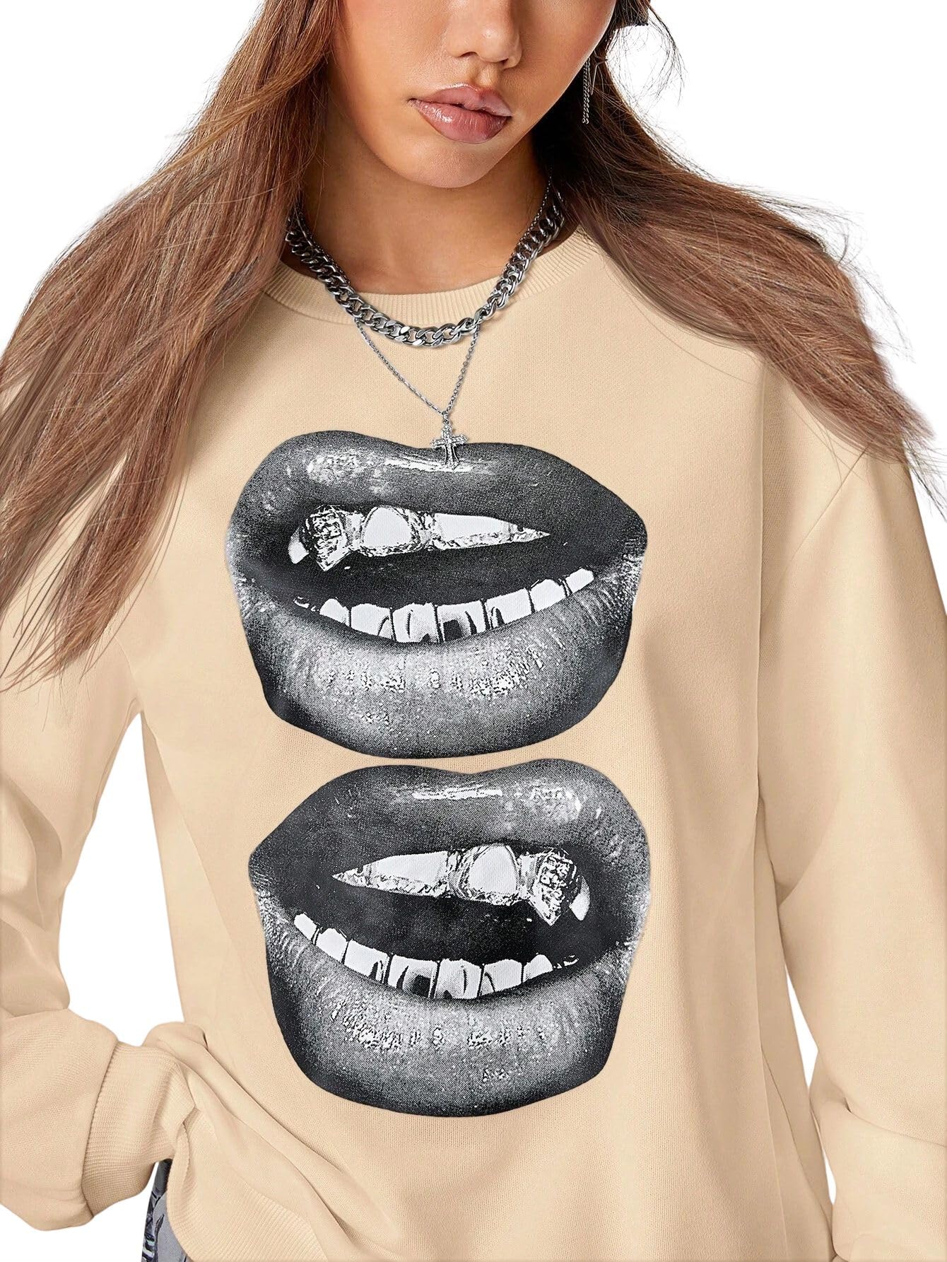 Women's Y2K Streetwear Vintage Casual Graphics Loose Jumper, Double Lips Print Sweatshirt, Long Sleeve Ribbed Knit, Multiple Colors-image-15