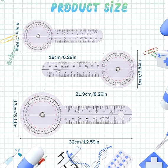 3 Pieces Goniometer Set 12 inch 8 inch 6 inch Goniometer Physical Therapy 360 Body Measuring Angle Ruler, Clear Plastic Goniometer for Measuring Range of Motion