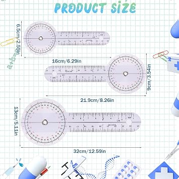3 Pieces Goniometer Set 12 inch 8 inch 6 inch Goniometer Physical Therapy 360 Body Measuring Angle Ruler, Clear Plastic Goniometer for Measuring Range of Motion