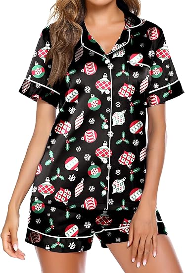 Ekouaer Satin Pajamas for Women Button Down Sleepwear Soft Silk Loungewear Short Sleeve Top and Shorts Pjs S-XXL