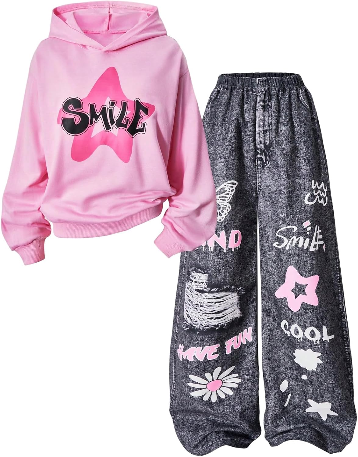 SOLY HUX Girl's Y2k Clothes 2 Piece Outfits Graphic Hoodies and Printed Pants Set Cute Streetwear