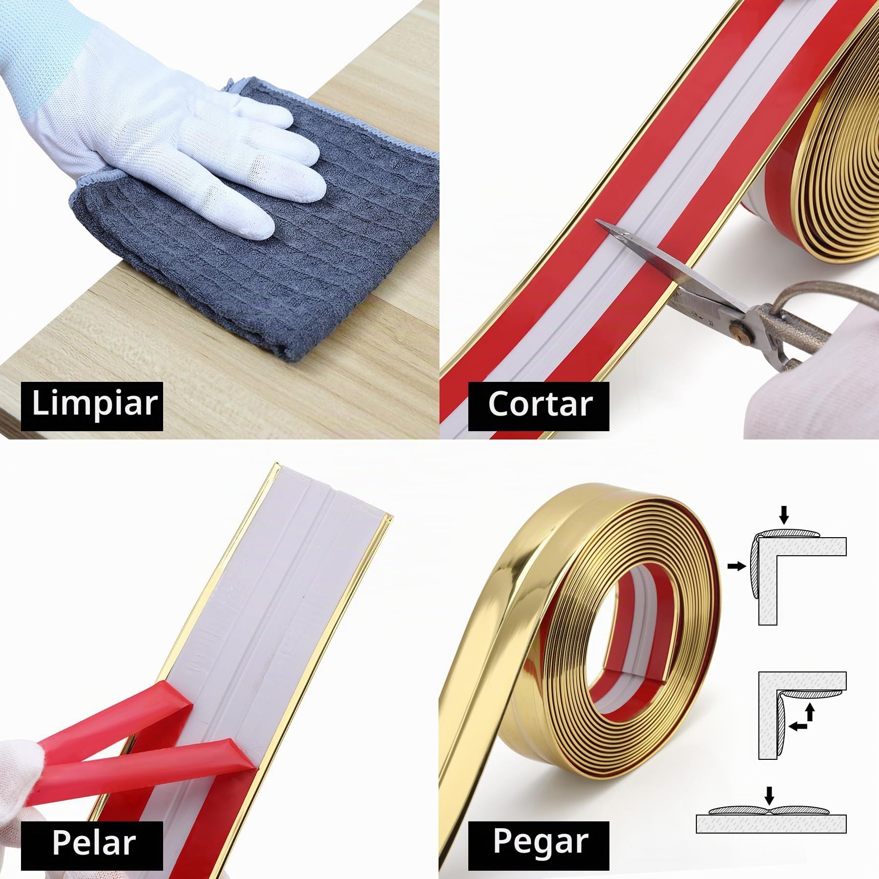Trimold Brillante Dorado Moldura Multifuncional para Pared, Protección y Decoración de Esquinas y Bordes, Aplicable en Borde de Mesa, Marco de Puerta y Rodapie, 5m x 2cm