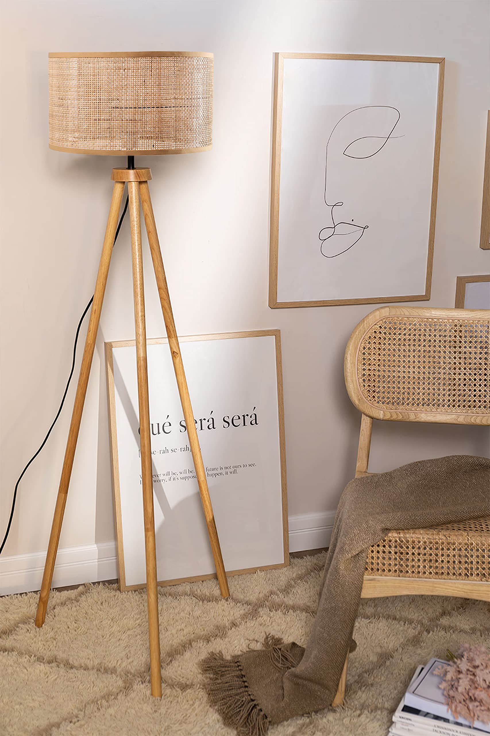 AKWAY Rattan Cane Webbing Floor Lamp Bamboo Floor Lamp Cane Standing Lamp Wooden Standing lamp for Living Room Bedroom (14" D X 7")(Square Webbing)-image-18
