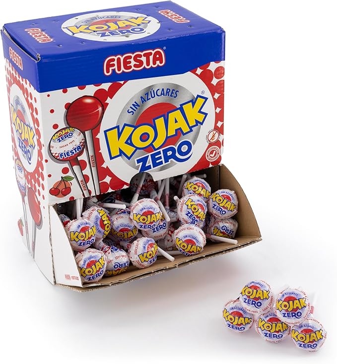 FIESTA Kojak Sin Azúcar Caramelo con Palo Sabor Cereza - Caja de 70 unidades