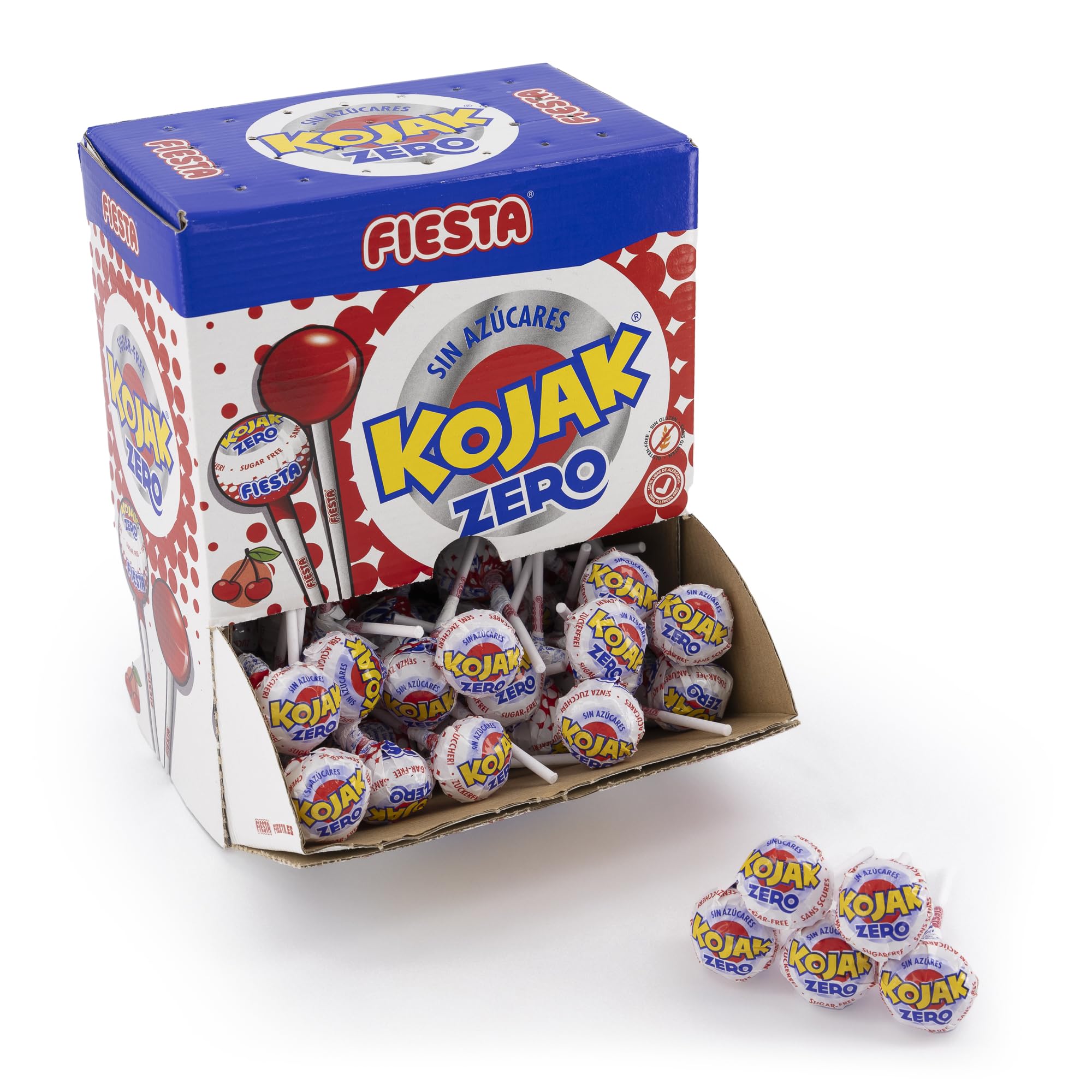 FIESTA Kojak Sin Azúcar Caramelo con Palo Sabor Cereza - Caja de 70 unidades