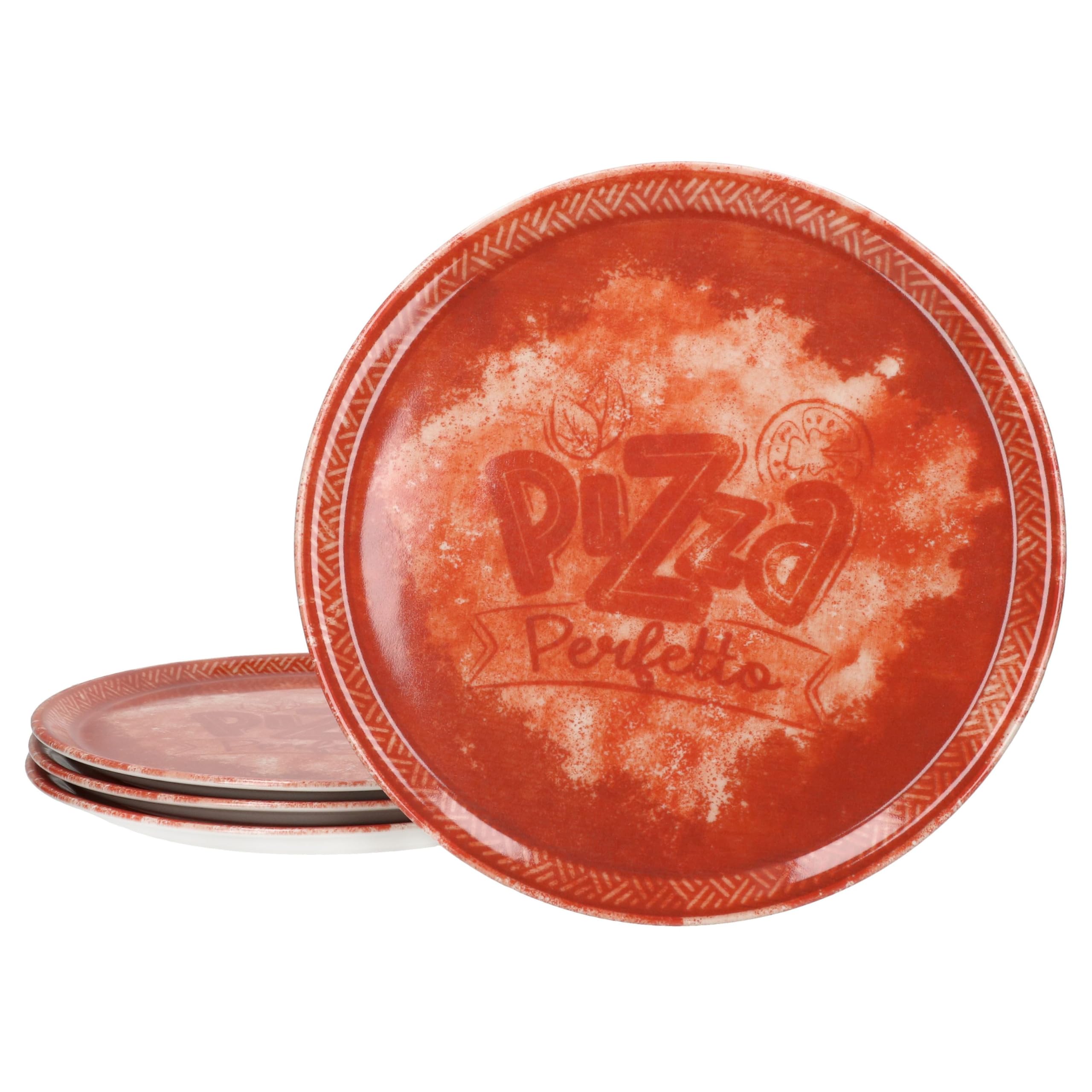 MamboCat Perfetto zestaw 4 talerzy do pizzy Ø 31,5 cm I czerwone I dla 4 osób I rustykalne talerze porcelanowe do pizzy, flambirów i wielu innych I duże talerze obiadowe z dekoracją i napisem
