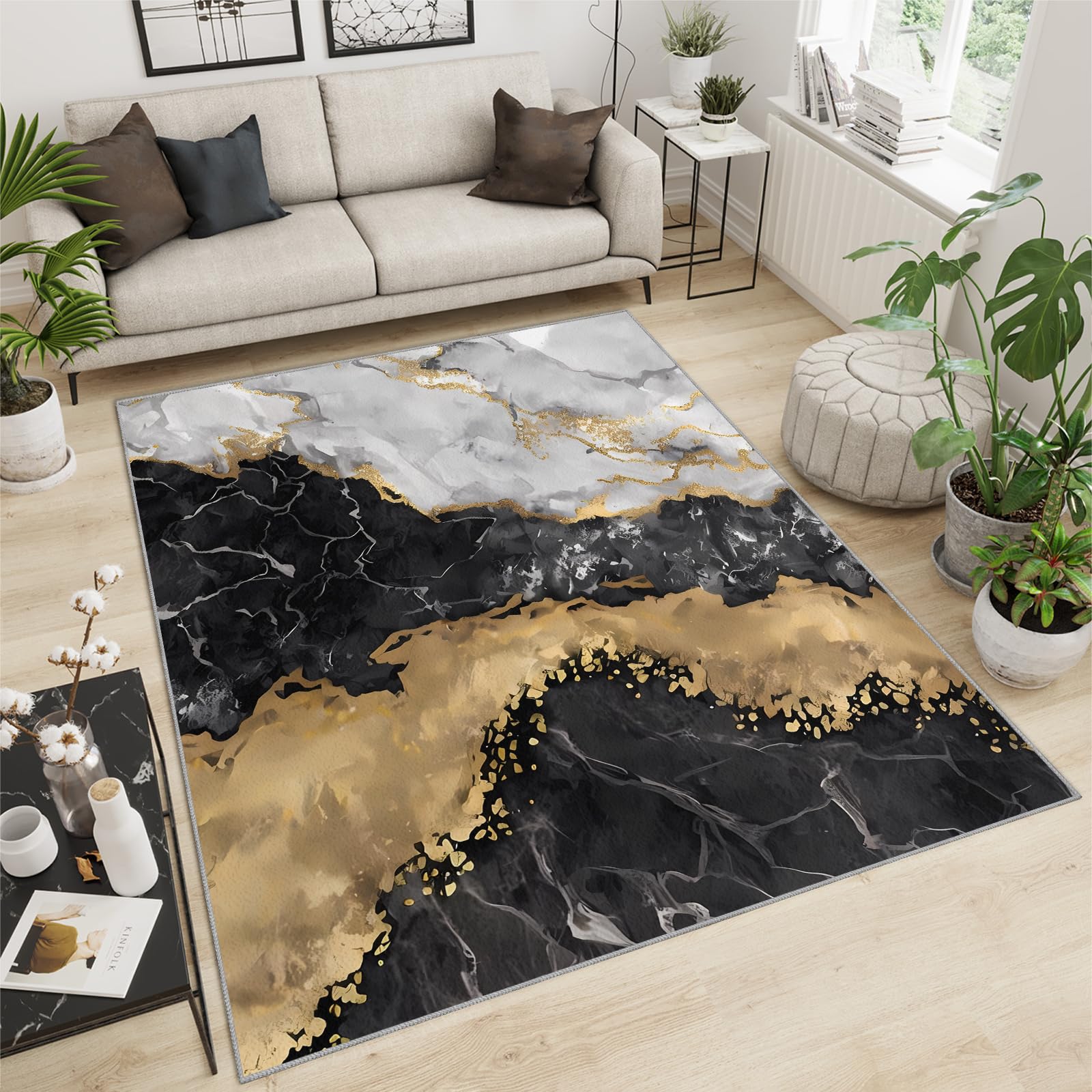 FIEMAR Area Rug 150x180cm Marble Black Gold Area Rugs Carpet, Modern Abstract Rug, Living Room Dining Bedroom Rug Washable Non Slip Low Pile Lightweight Non Shedding for Hallway Apartment Camper — image 1