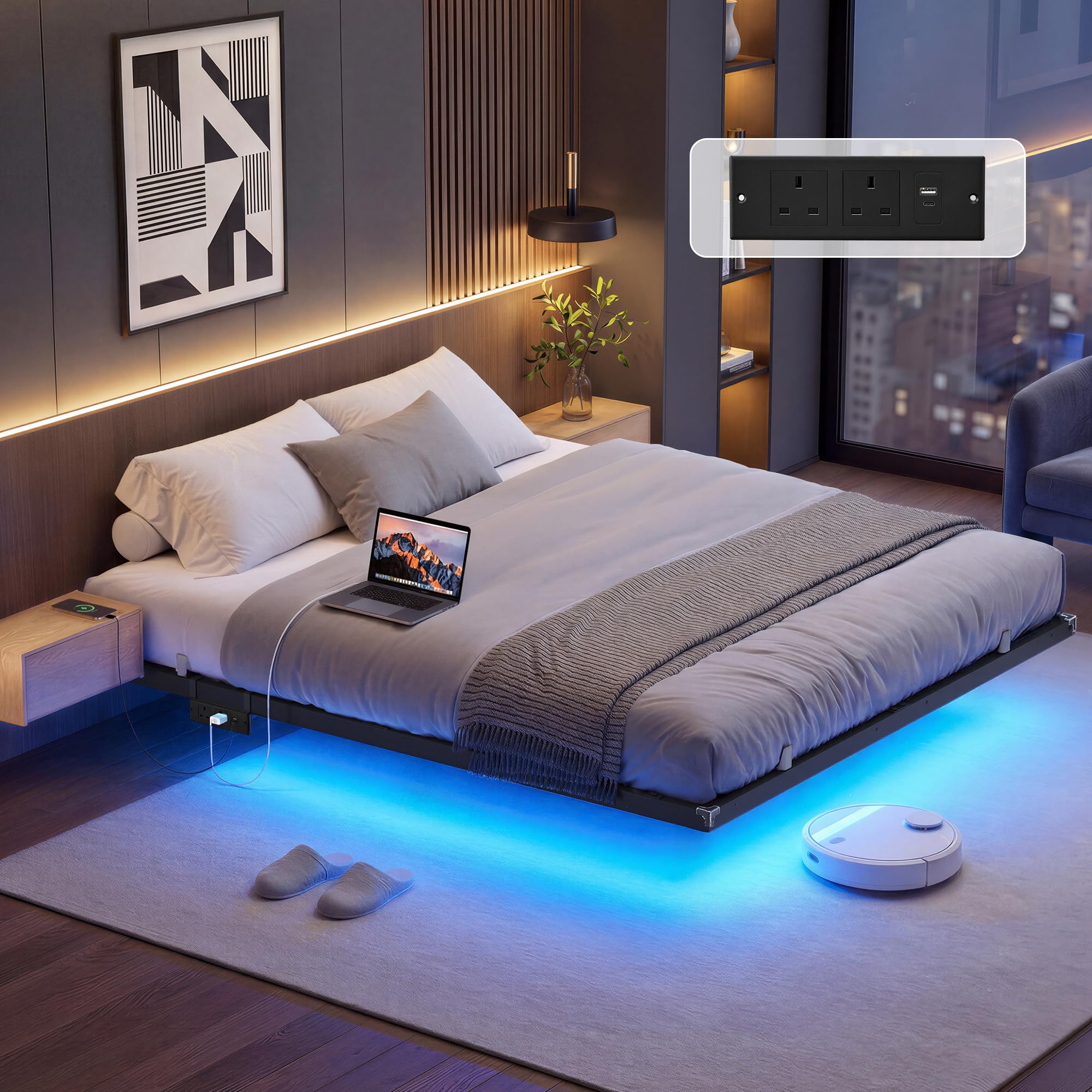VASAGLE King Floating Bed Frame 150 x 200 cm, Platform Bed with LED Lights and Movable Charging Station, 2 AC Outlets, 1 USB-A Port, 1 USB-C Port, Supports up to 500 kg, Ink Black RMB177B101