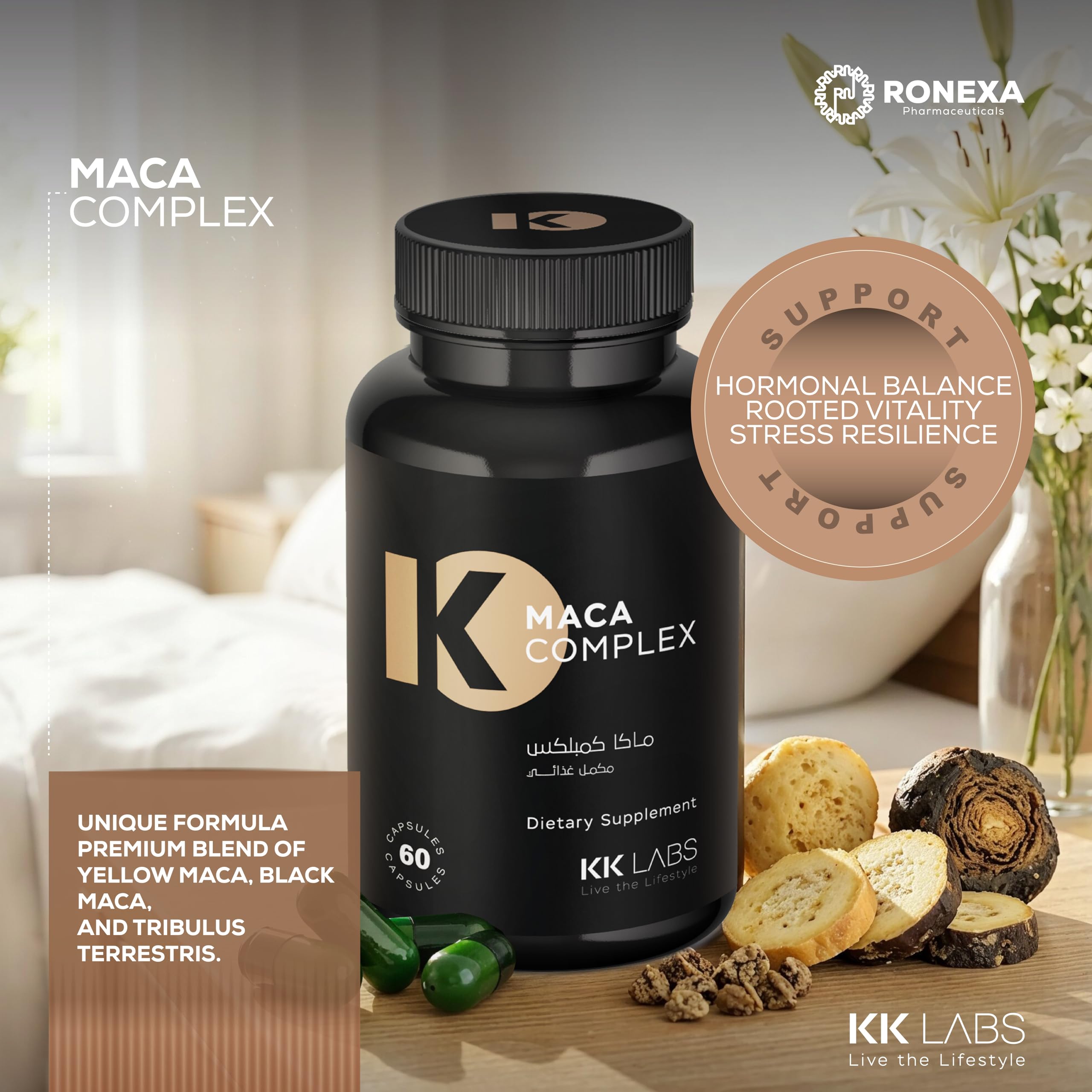 KK Labs Maca Complex 700mg 60 Capsules - Yellow Maca, Black Maca & Tribulus Terrestris Root Blend for Men & Women, Daily Energy, Stamina & Vitality Support for Active Lifestyles, 30 Servings