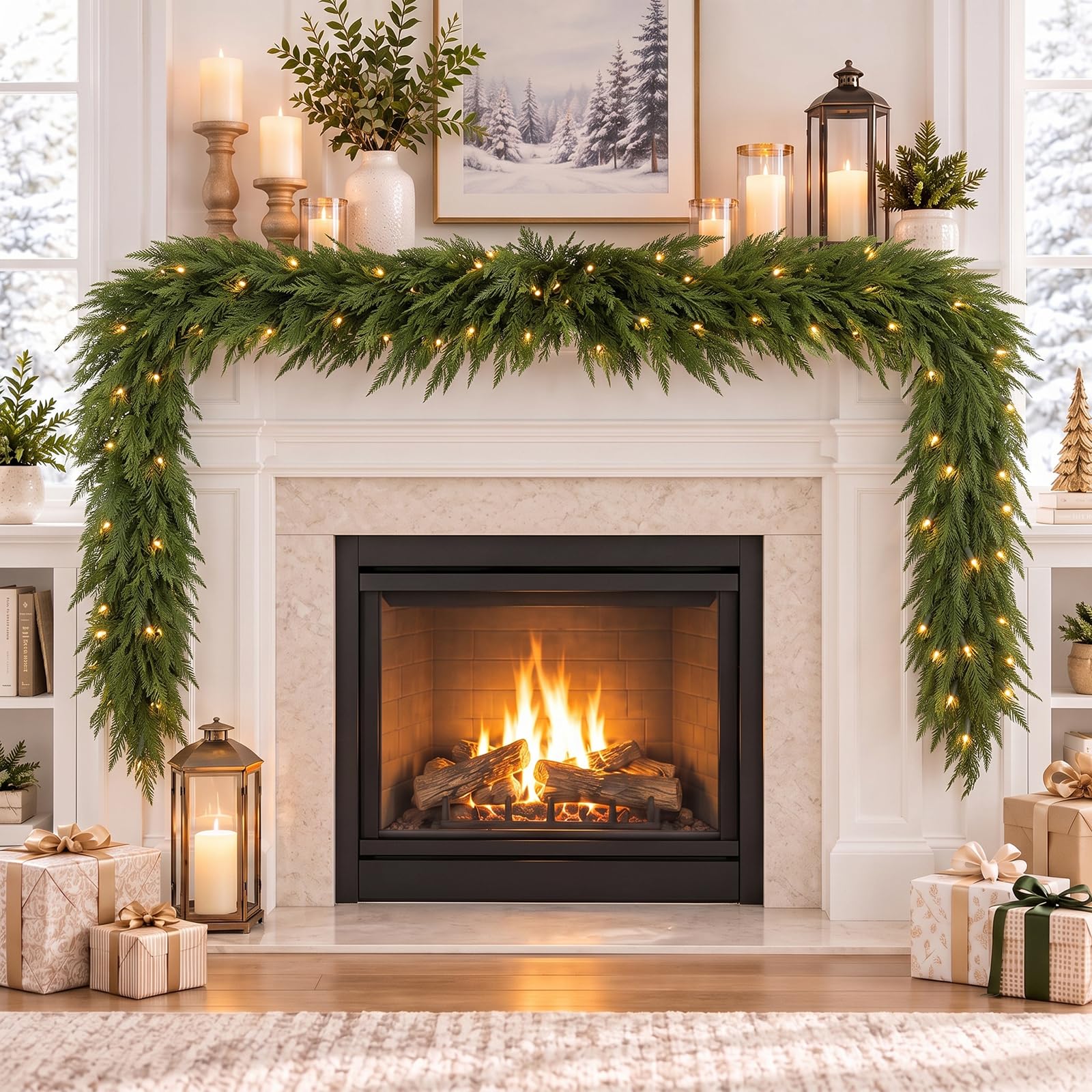 6.5FT/2M Norfolk Christmas Garland with 50 LED Warm White Lights, PE Material, Battery Operated, Pre-Lit Garland for Mantel, Fireplace, Stairs, Wall, Door, Indoor & Outdoor Christmas Decorations