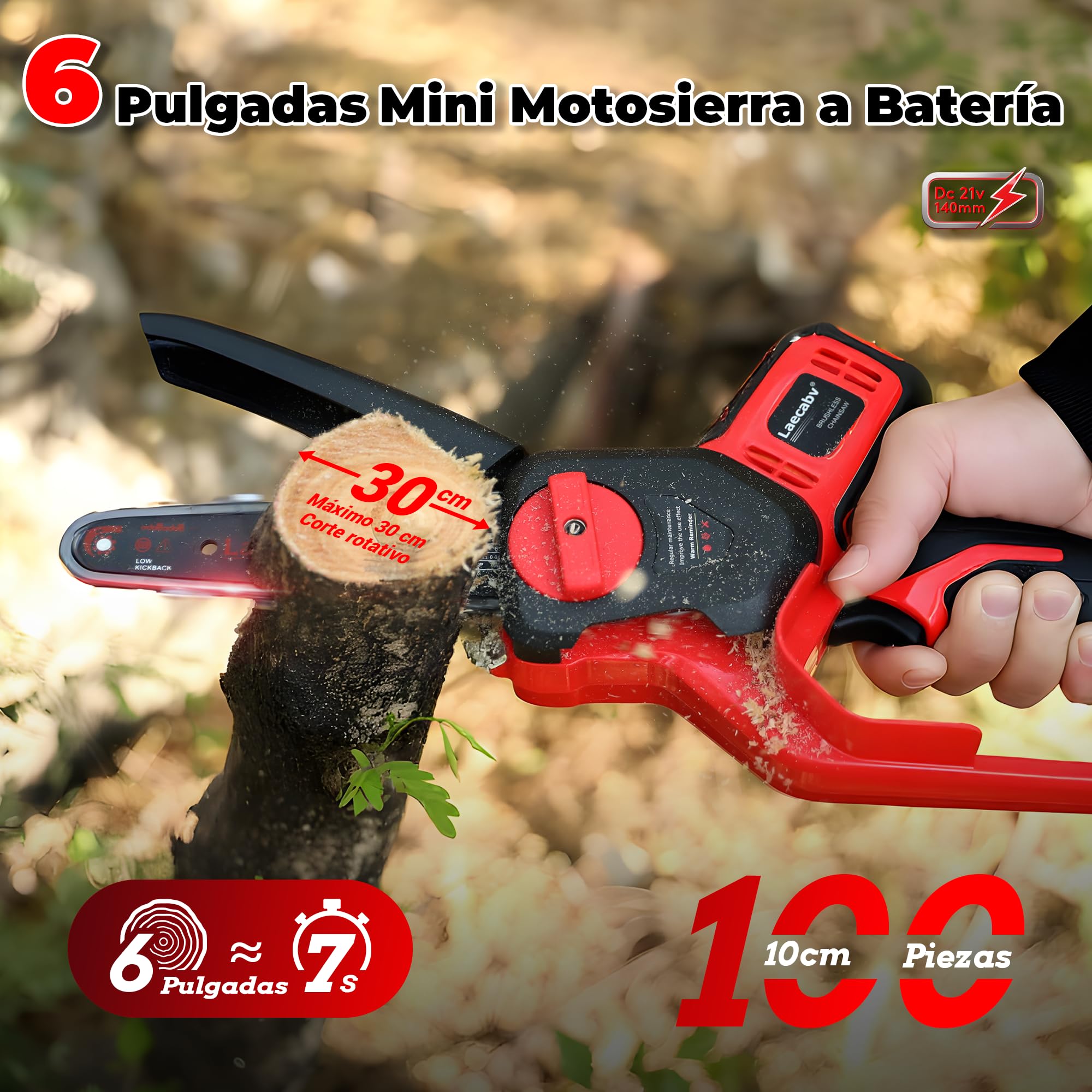 Mini Motosierra Bateria 6 Pulgadas, Motosierra de Mano de 6 Pulgadas, 2 Baterías de 4Ah y Cargador, 2 Cadenas, Motosierra Eléctrica de Una Mano para Árboles de Jardín (LA-J6Max)