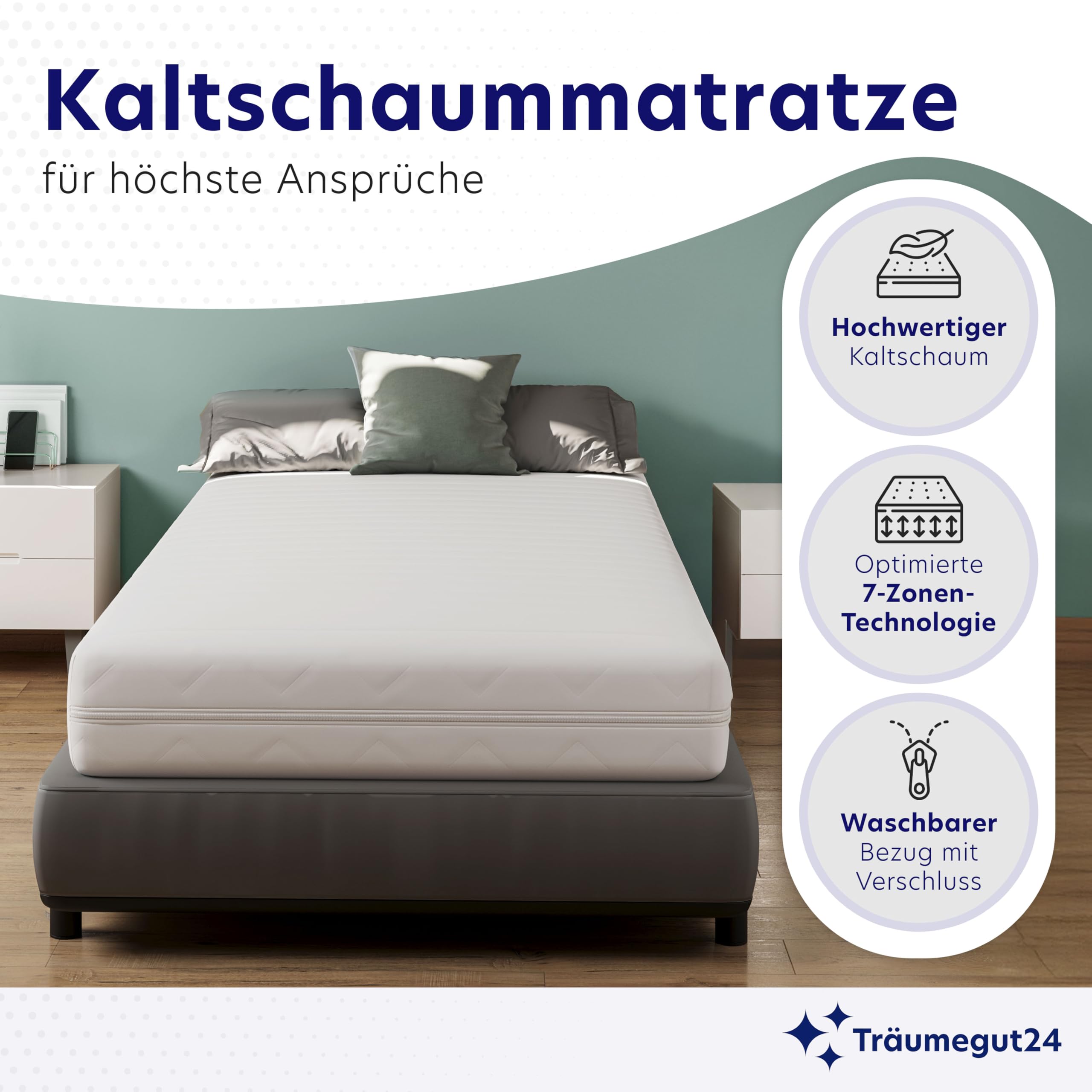 Träumegut24 - ergonomische 7-Zonen Matratze 90x200 cm | Größe + Höhe wählbar | Härtegrad H2&H3 | Kaltschaummatratze | Hautfreundlicher Bezug | Oeko-TEX® | (90 x 200 cm, 11 cm)