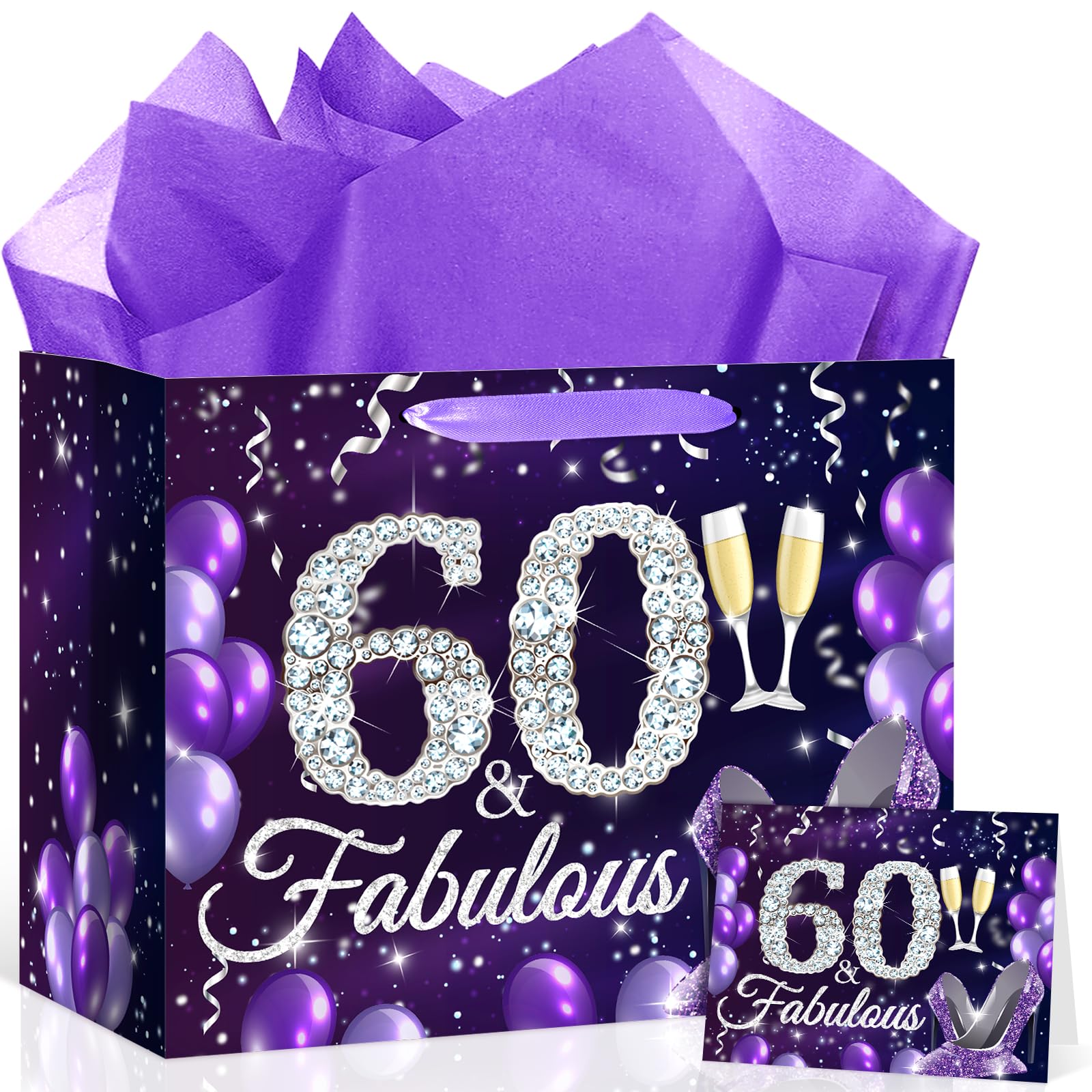 60th Birthday Gift Bag for Women,Large Black & Purple "60 & Fabulous" Party Bag with Tissue Paper & Greeting Card, 13" Elegant Glitter Birthday Wrap for Mom, Grandma, 60 Years Celebration