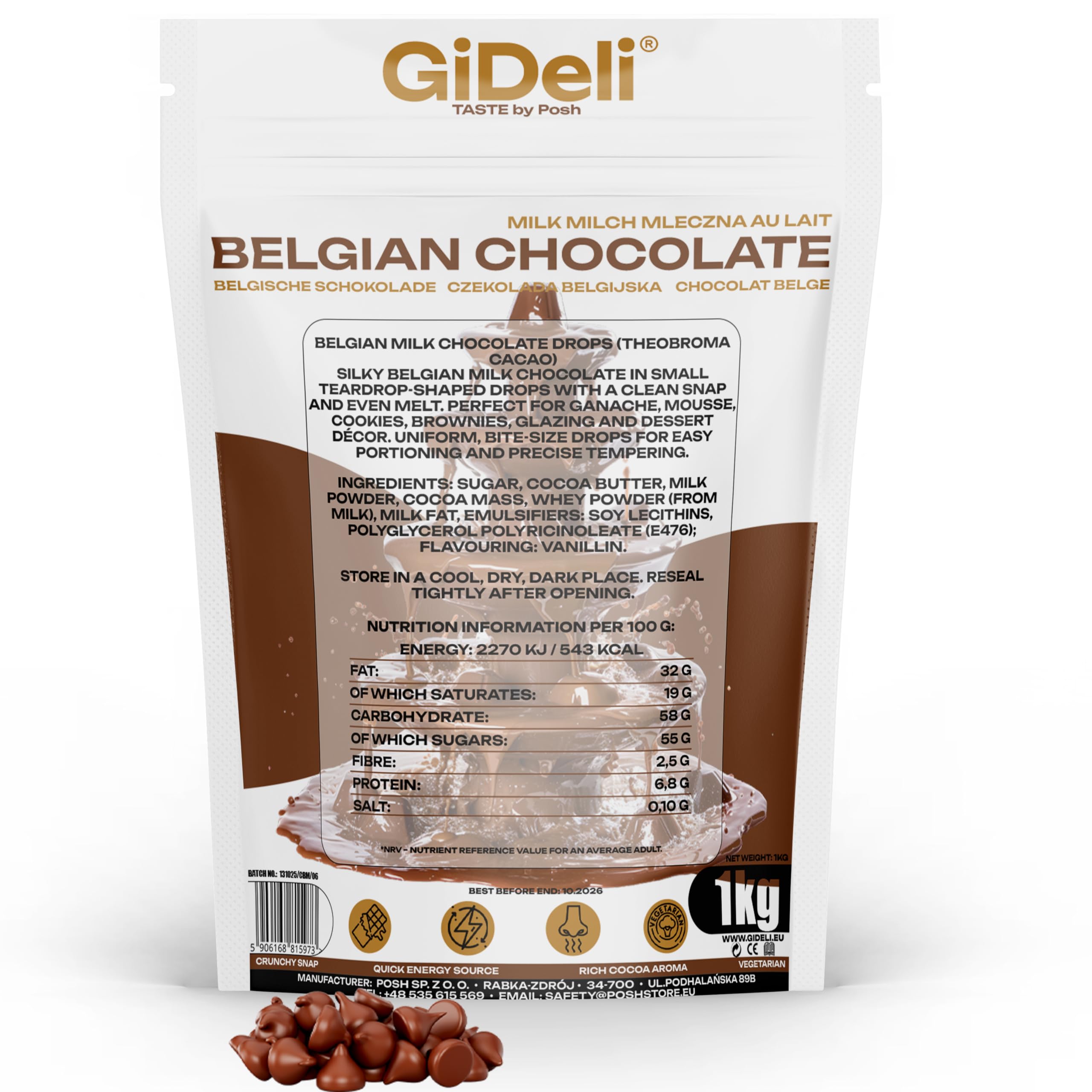GiDeli Belgische Schokolade 1kg - Pralinen Chips, Schokodrops - Vollmilch-Kuvertüre - Perfekt für Schokofondue, Backen, Schokobrunnen, Desserts & Glasuren