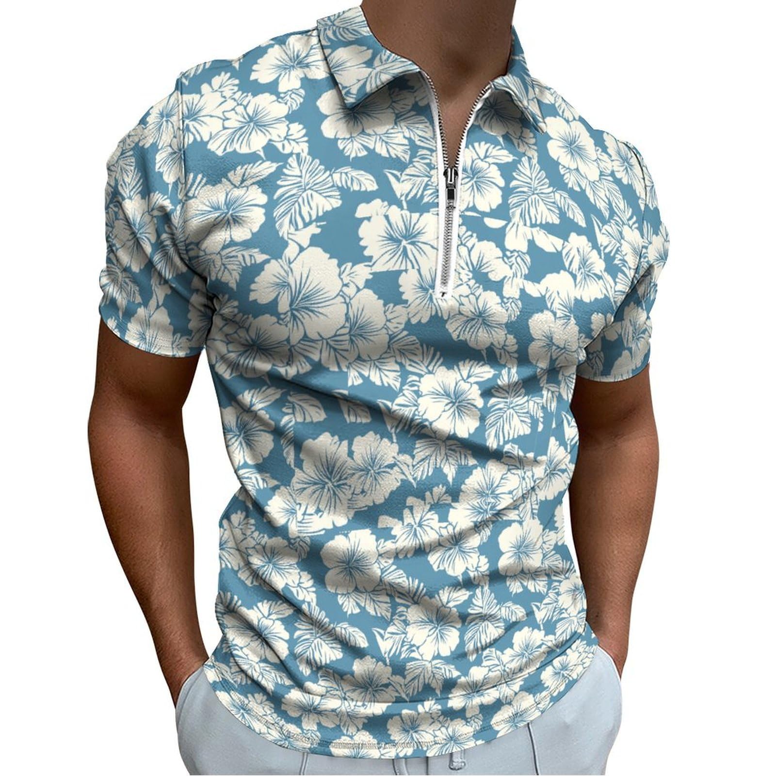 Hawaiian Polo Shirts for Men Zipper Floral Printed Short Sleeve Golf Shirt Moisture Wicking V Neck Slim Fit