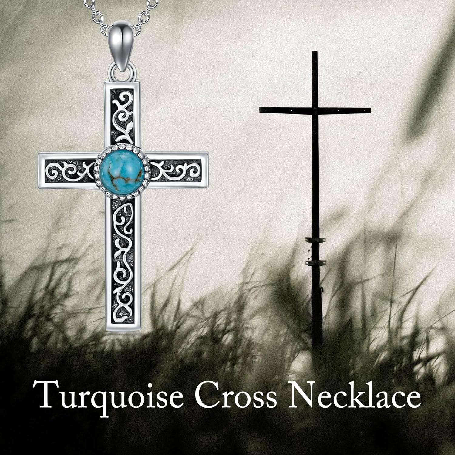 Turquoise Cross Necklace 925 Sterling Silver Genuine Turquoise Gemstone Religious Cross Pendant Boho Western Jewelry Gift for Women - Image 6