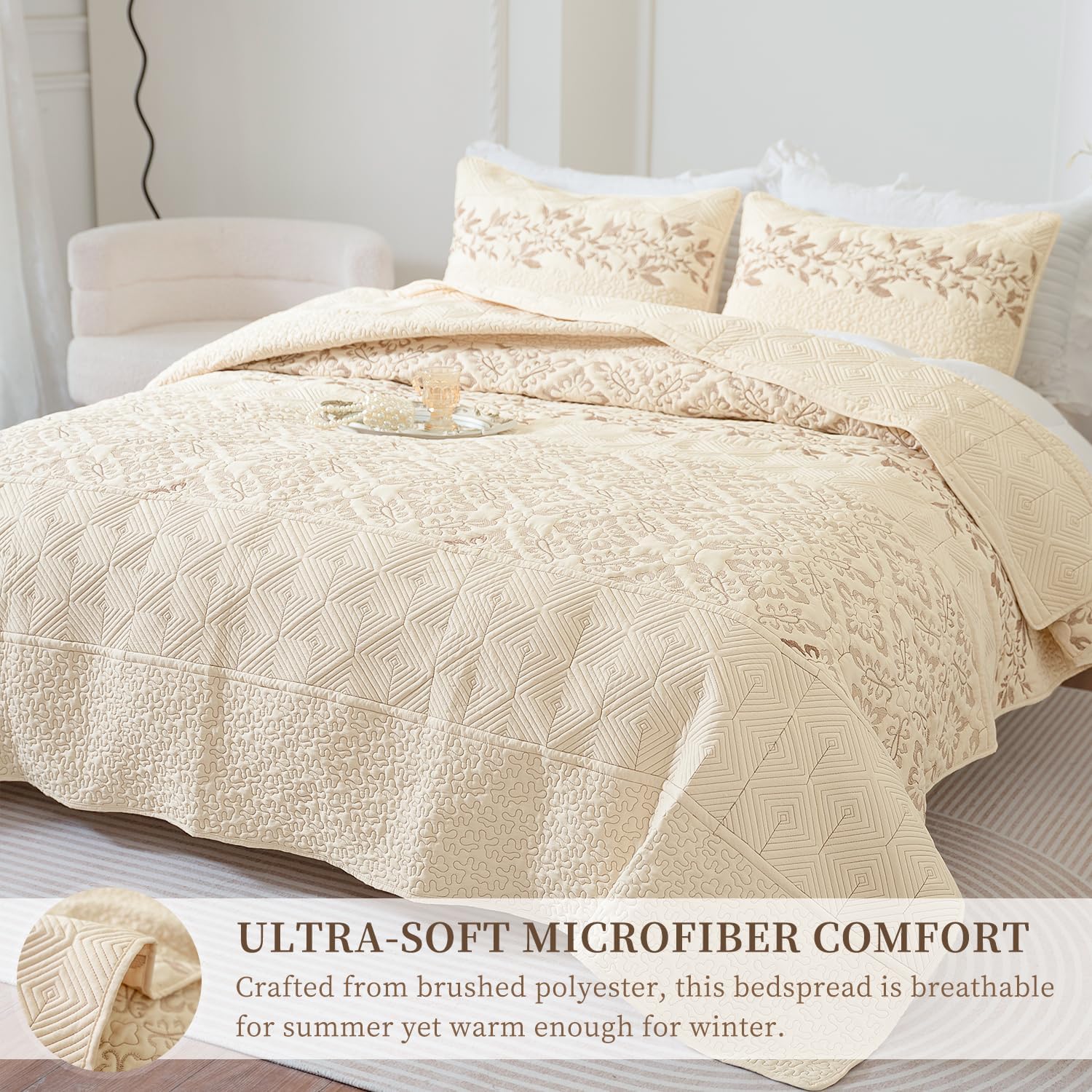 BOV 106X96 Boho Bedding Beige Bedspread Reversible Soft Microfiber Lightweight Coverlet with 2 Pillow Shams King Bedding for All Seasons