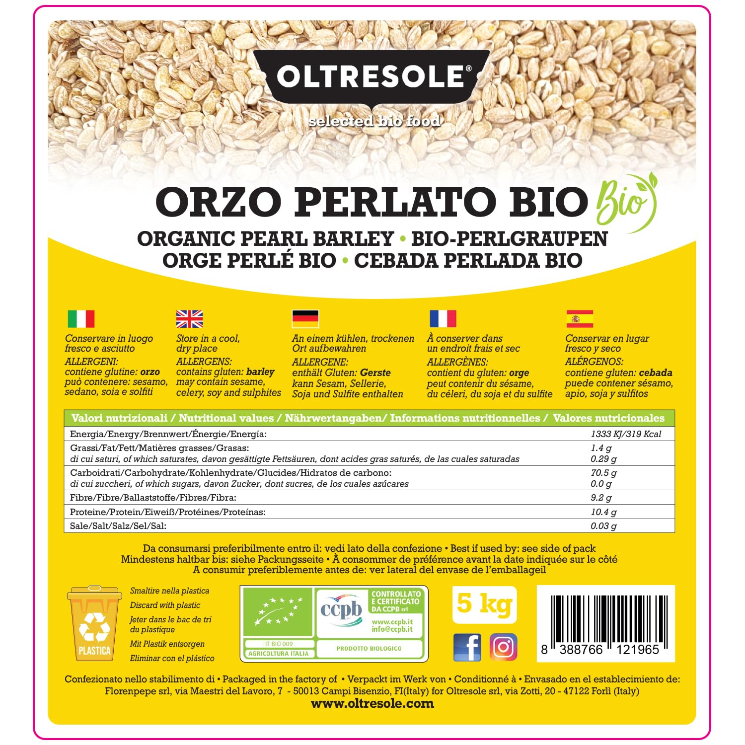 Oltresole, Orzo Perlato Italiano Biologico 5 kg, Cereale Bio Ricco di Fibre, Ottimo per Zuppe, Insalate e Minestre, Prodotto da Agricoltura Italiana, Formato Convenienza