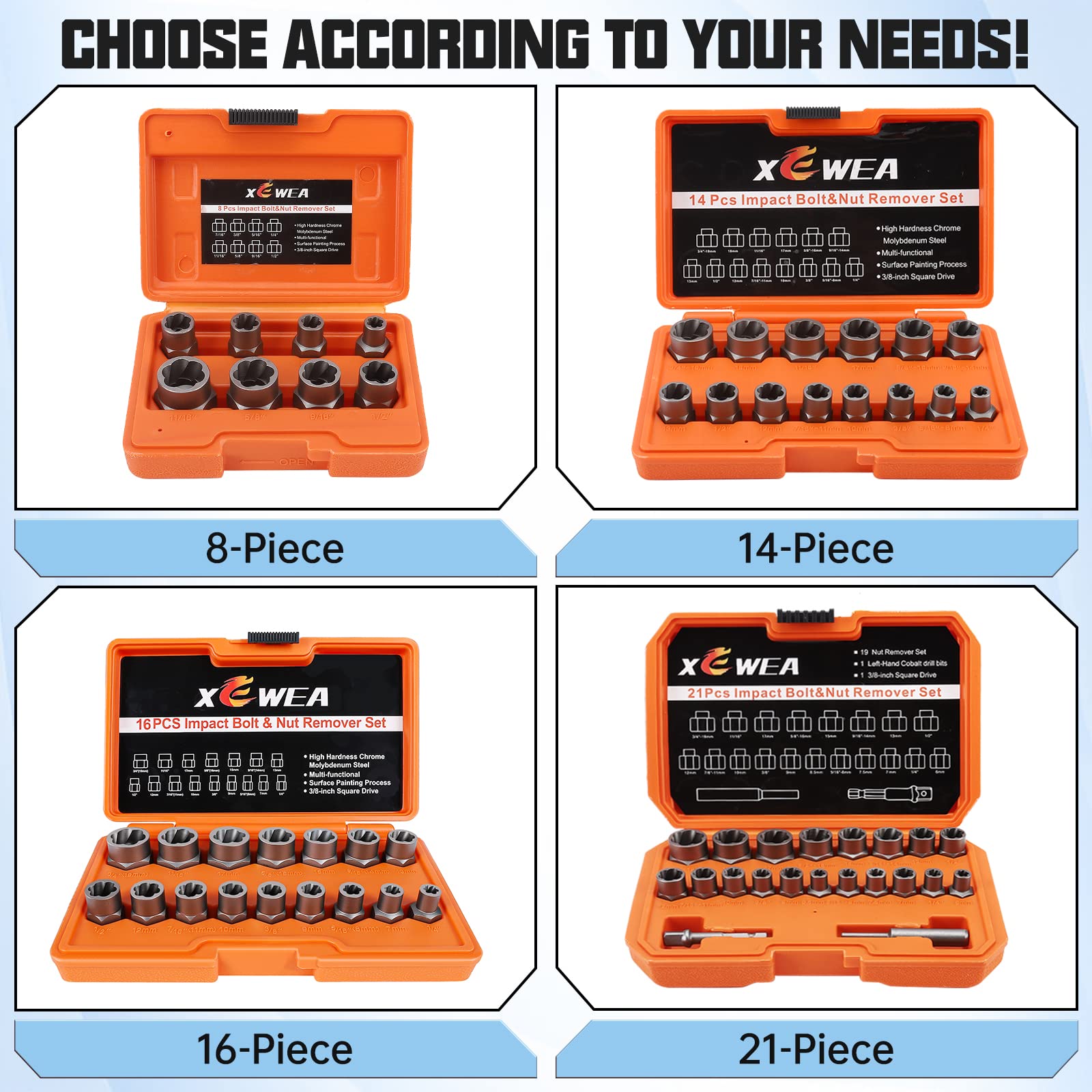 XEWEA Juego de 21 extractores de tuercas de pernos, fácil de quitar, juego de llaves de extracción de tuercas rotas, para tornillos dañados, congelados, pernos, oxidados y redondeados, tornillos de