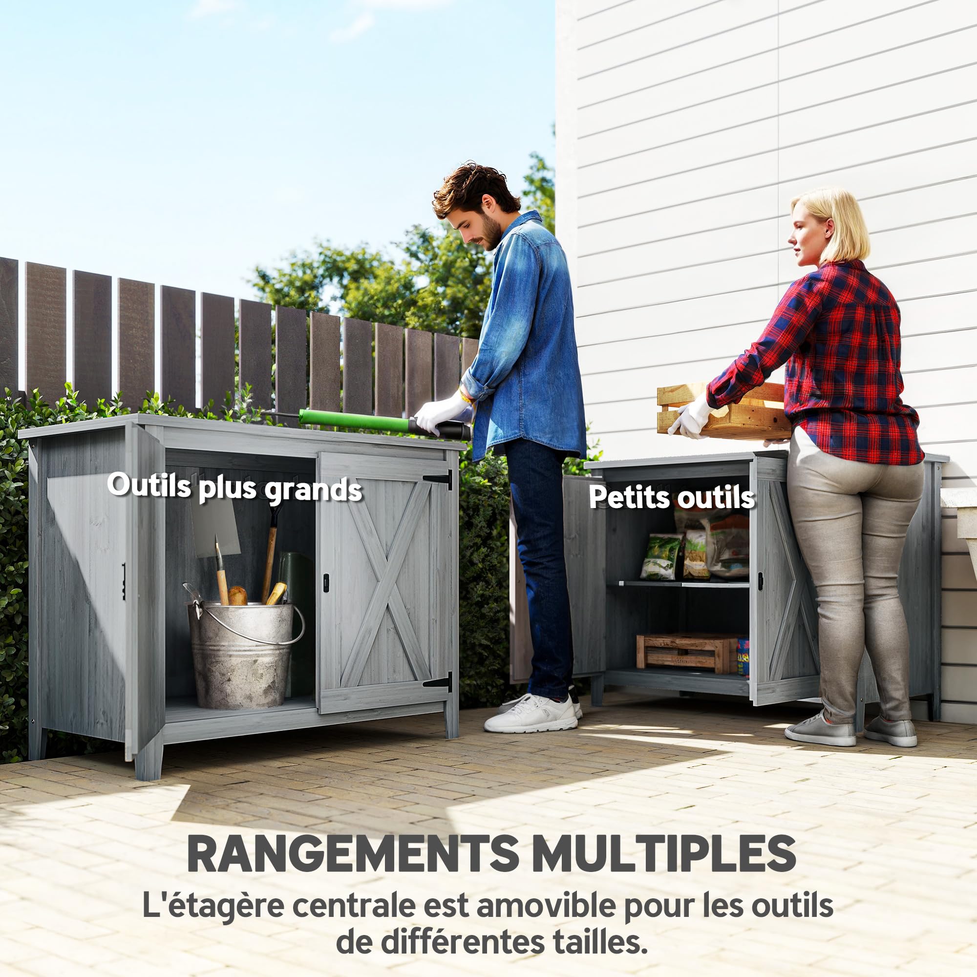 Outsunny Armoire de Jardin en Bois, Placard de Jardin en Bois avec Étagères et Double Portes, Armoire à Outils, 110 x 60 x 88,5 cm, Gris Clair