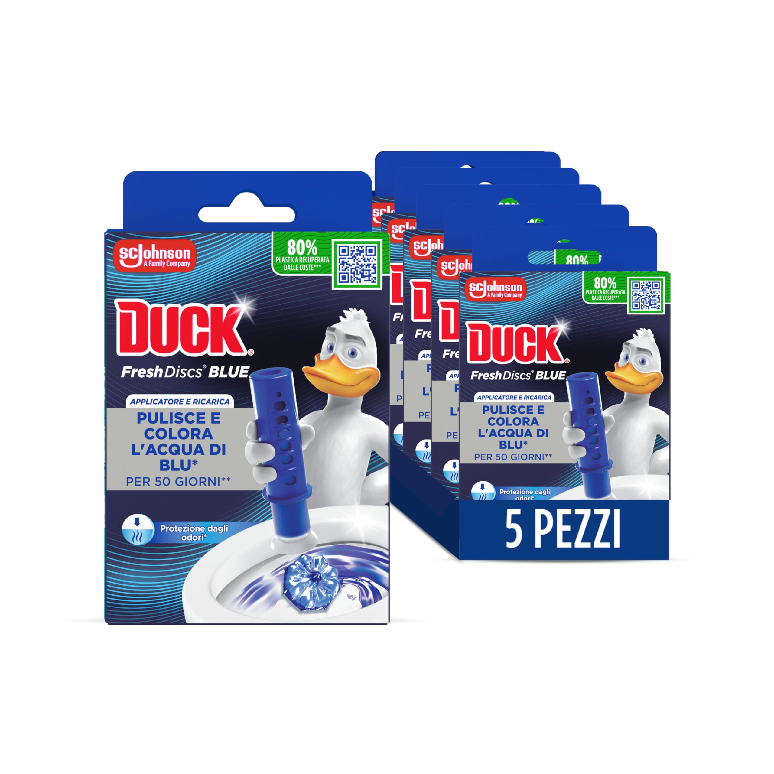 Duck Fresh Discs Blue- Base per Dischi Gel Igienizzanti WC, Colora l'acqua di blu ad ogni risciacquo - Formato Scorta 5 Applicatori, 30 dischetti