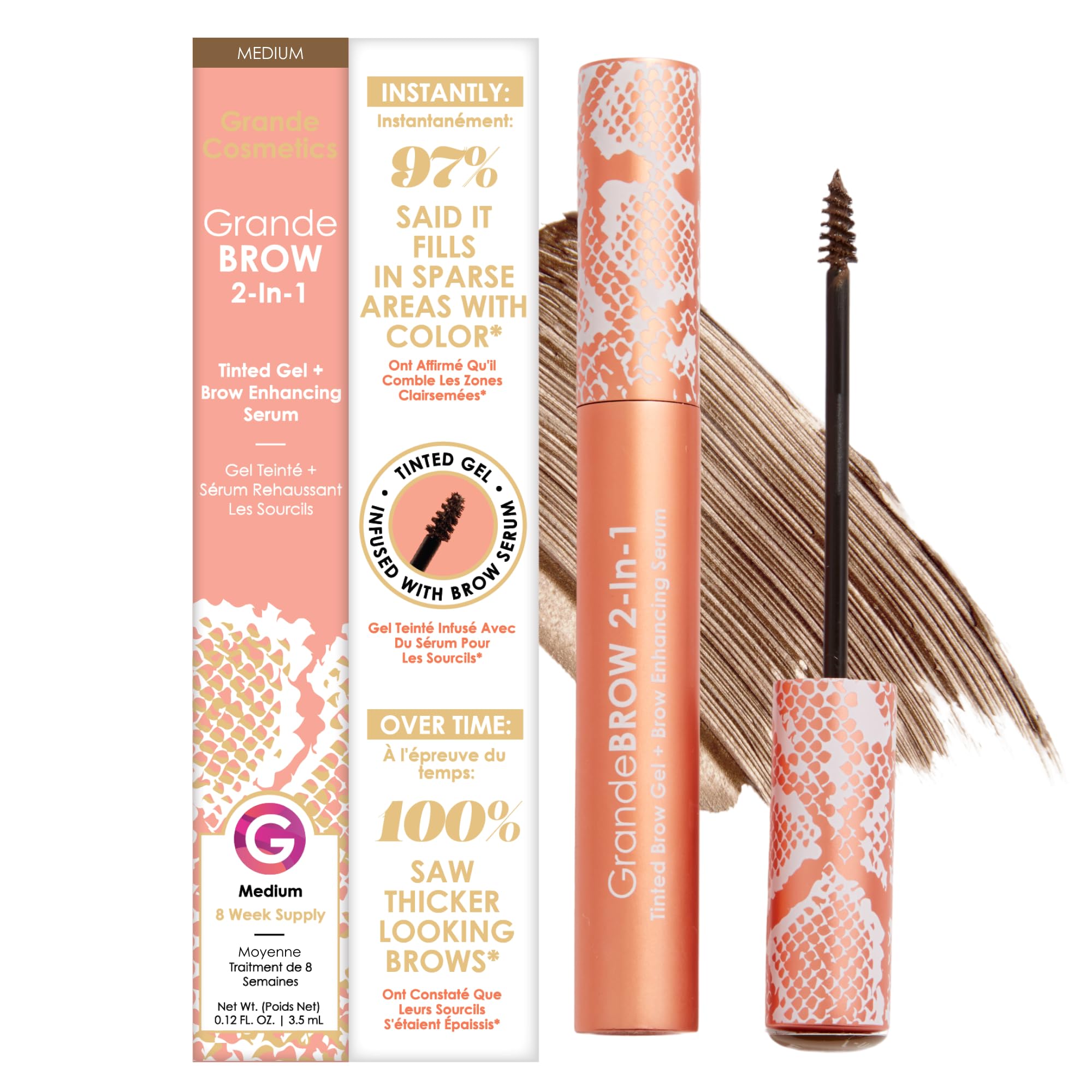 Grande CosmeticsGrandeBROW 2-In-1 Tinted Brow Gel + Brow Enhancing Serum - Instant Colour and Volume - Thicker-Looking Brows - Medium