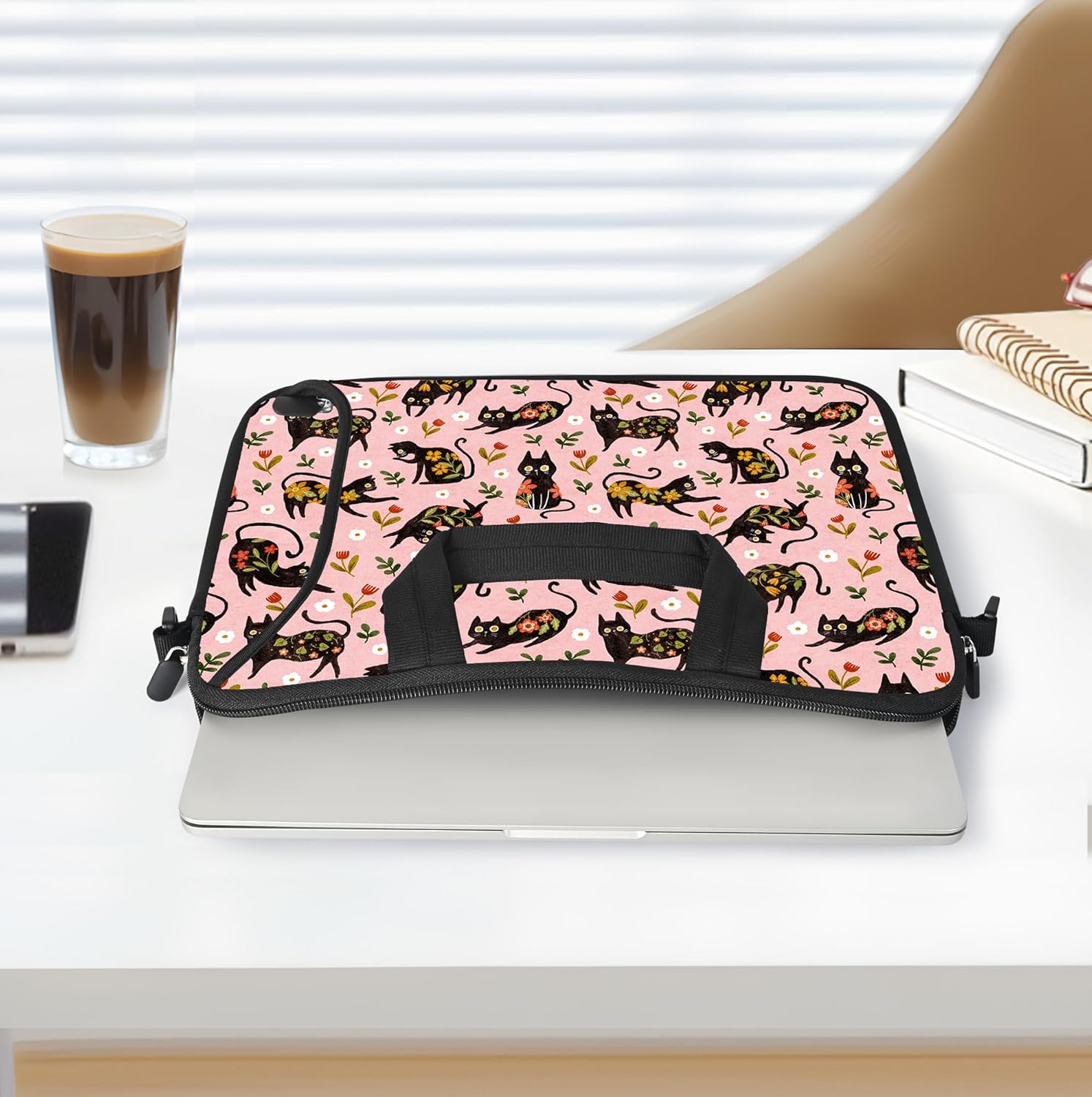 RICHEN 14 15 15.4 15.6 inch Laptop Shoulder Bag Messenger Bag Notebook Handle Sleeve Neoprene Carrying Case with Accessories Pocket (14-15.6 inch, Flowers Cats) - Image 3