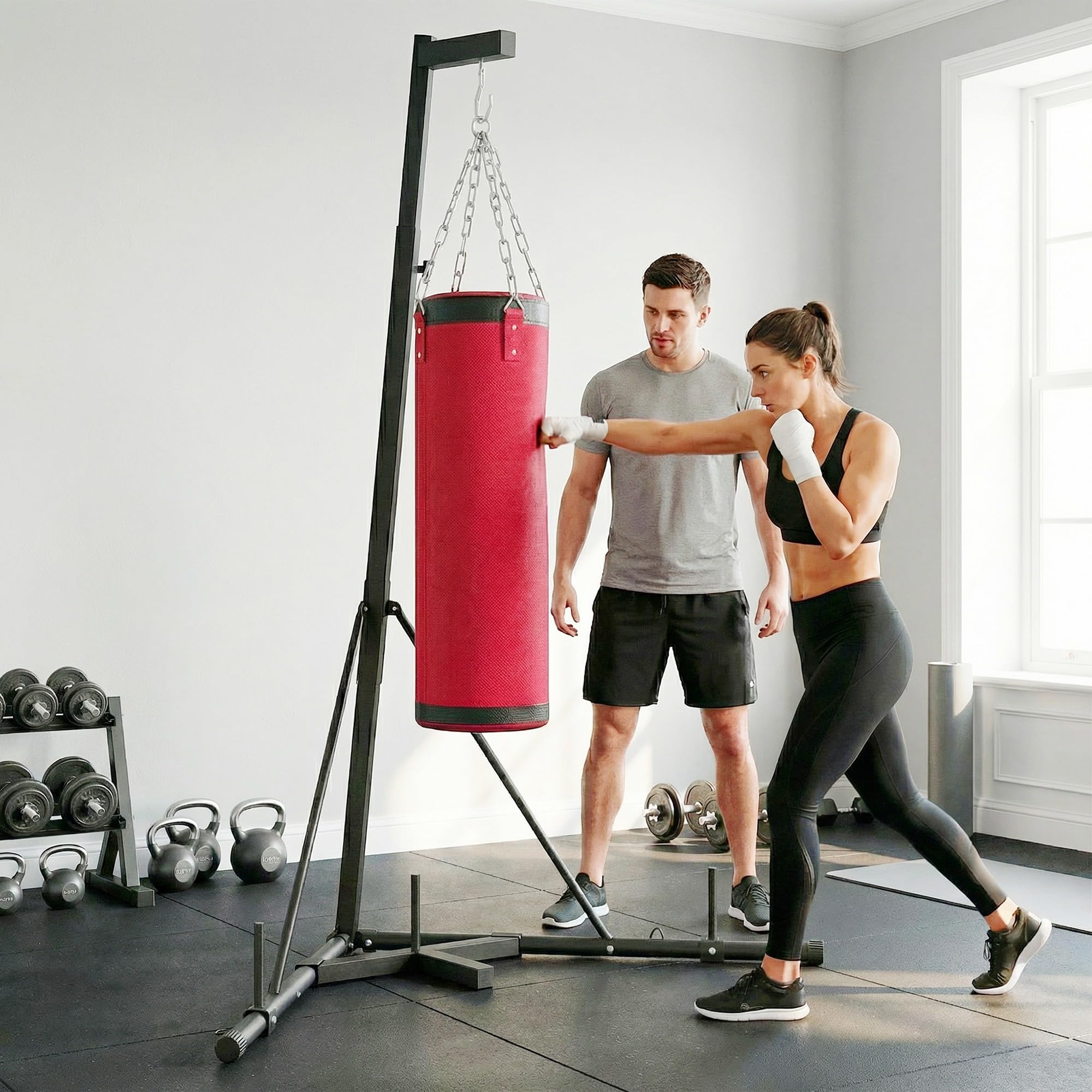 SPORTNOW Soporte para Saco de Boxeo de Pie de Acero, Soporte para Bolsa de Boxeo con Altura Ajustable 175–220 cm y 185–231 cm, Base Pesada y Bolsa de Arena, Entrenamiento para MMA, Gimnasio en Casa