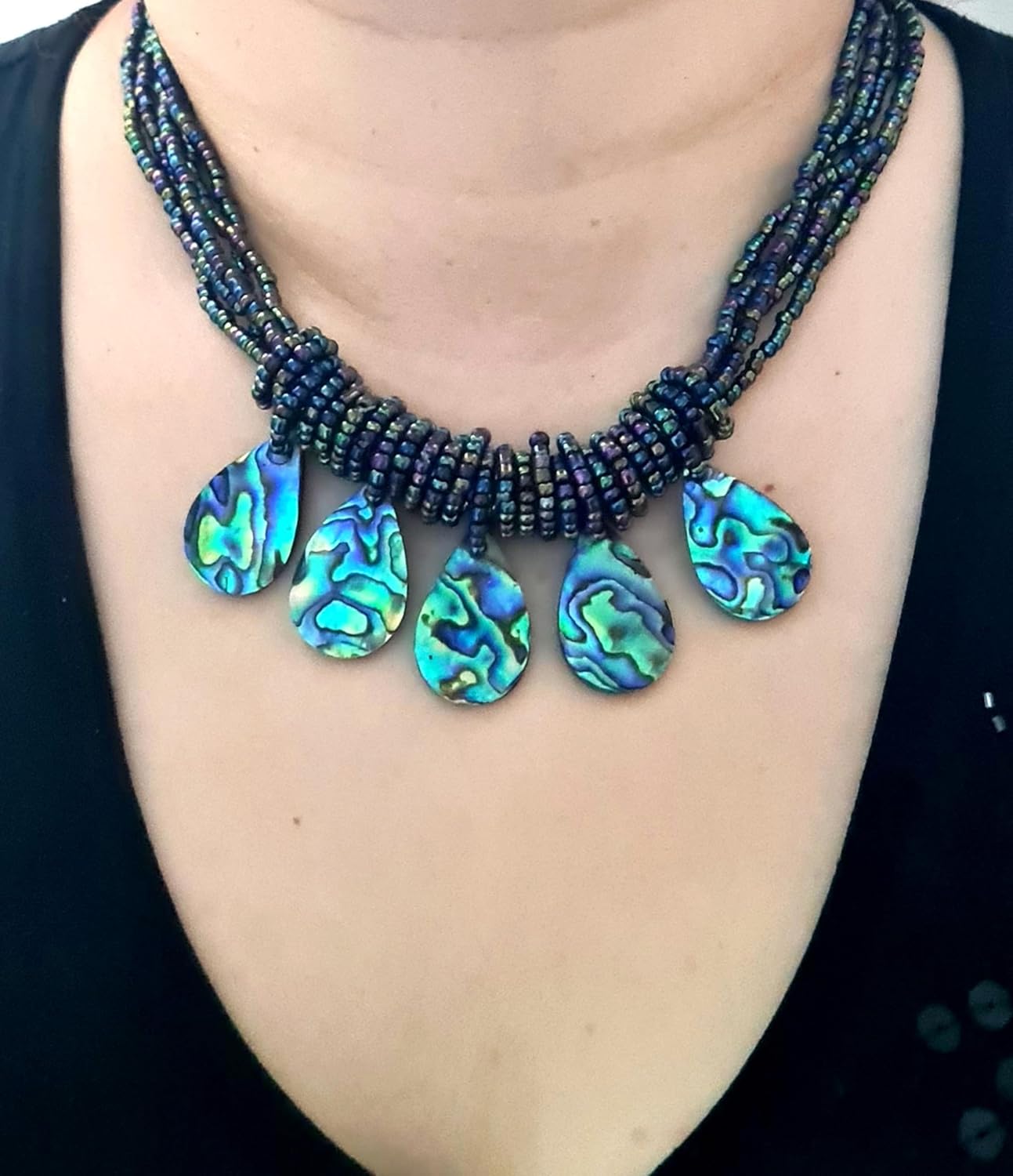 Five Iridescent Natural Paua Abalone Pendant Beads Necklace Handmade Shell Jewelry CA401 - Image 5