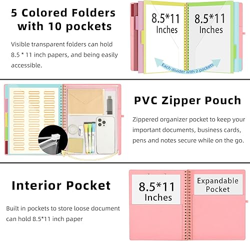 Miniatura 2 de Ospelelf Portapapeles en espiral plegable rosa con bolsa de almacenamiento con cremallera, 5 carpetas de plástico con 10 bolsillos, bloc de notas