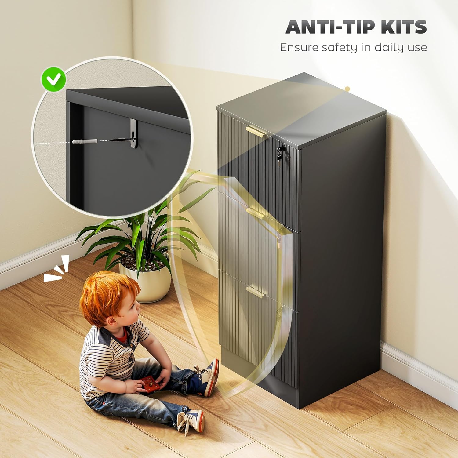 A hand inserting a key into the lock of a HOMCOM file cabinet drawer, demonstrating the individual locking feature.