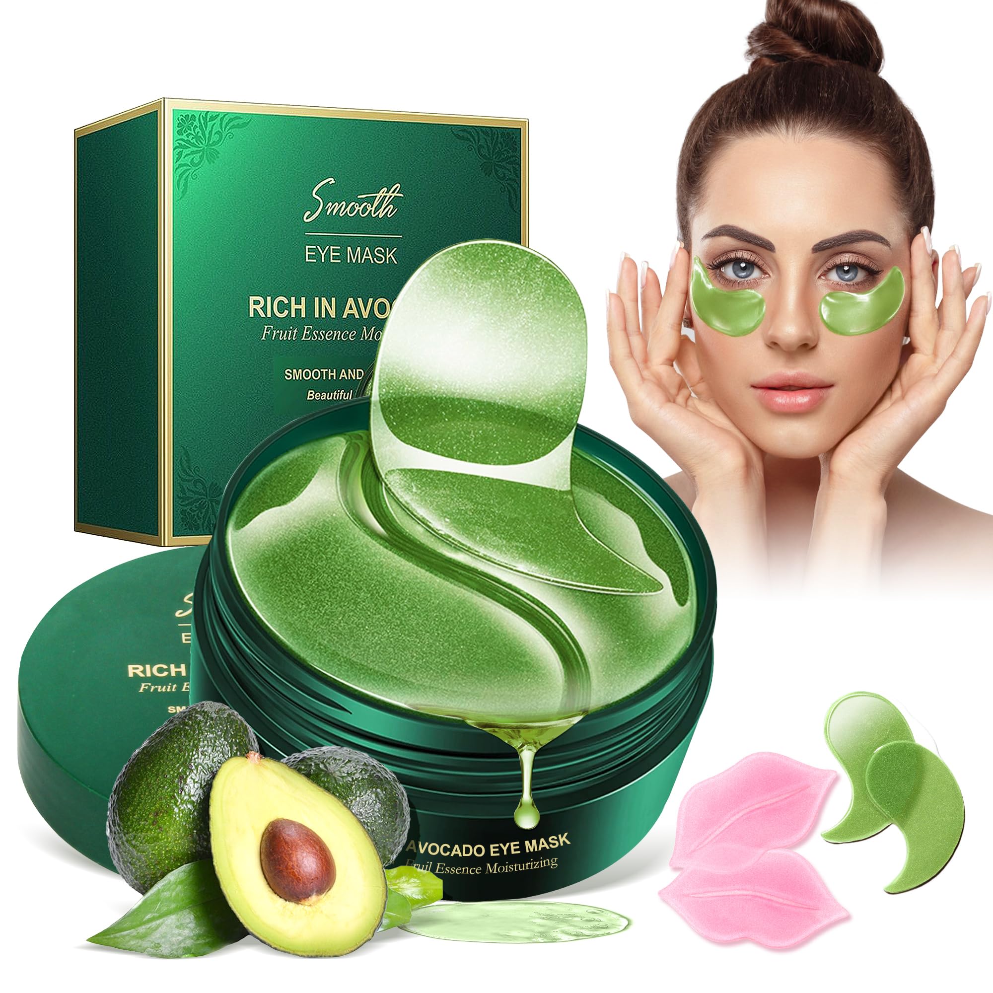 60pcs Patch yeux Acide hyaluronique Collagène, Masque pour les yeux Réutilisable contre les cernes Poches Rides Cercles foncés Puffiness, Eye Patch Hydrogel, Deux masques à lèvres gratuits