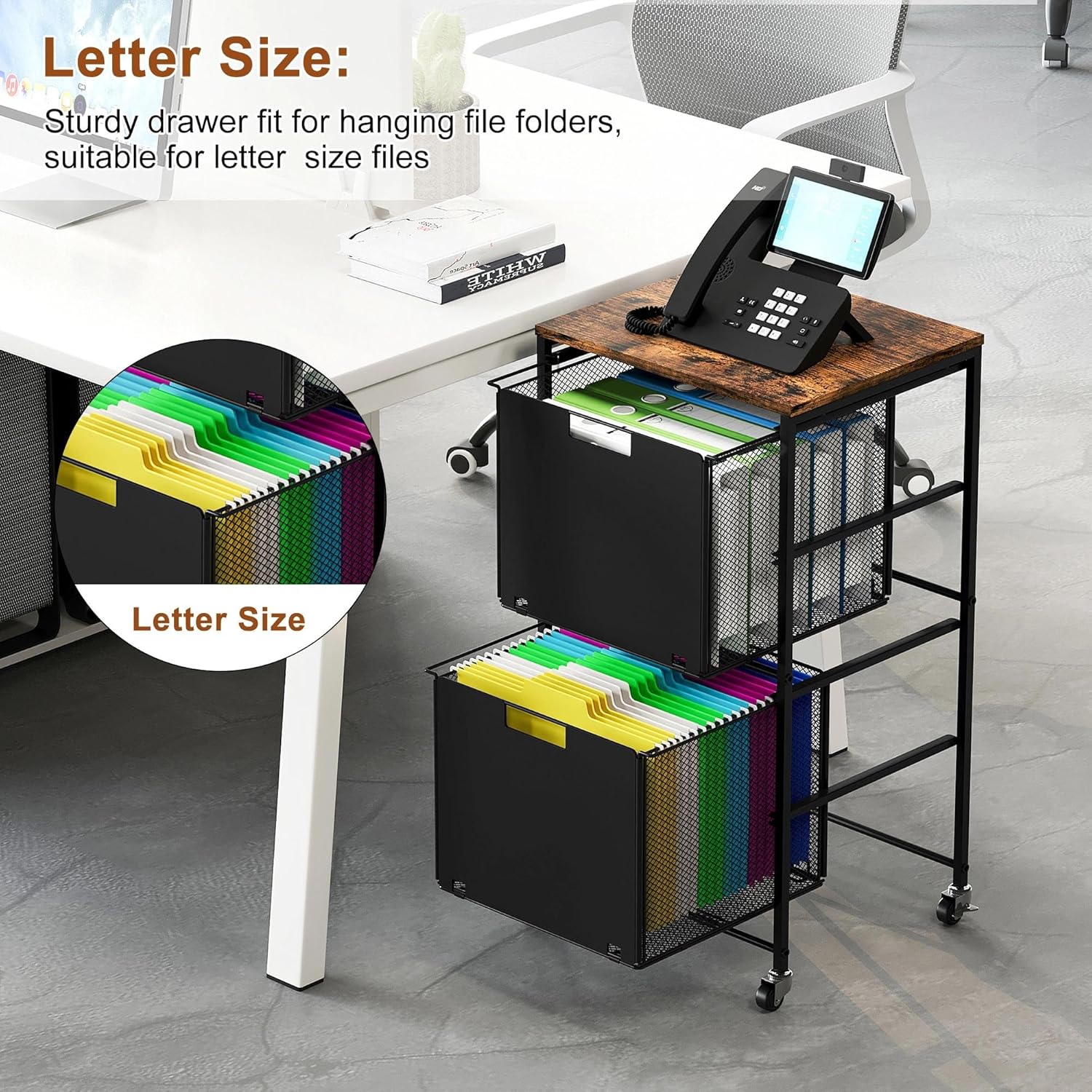 EasyPAG Rolling Storage Cart with 2 Drawers, Under Desk File Cabinet on Lockable Wheels, Movable Letter Size Hanging File Folder Organizer with Wooden Printer Stand for Home Office, Black