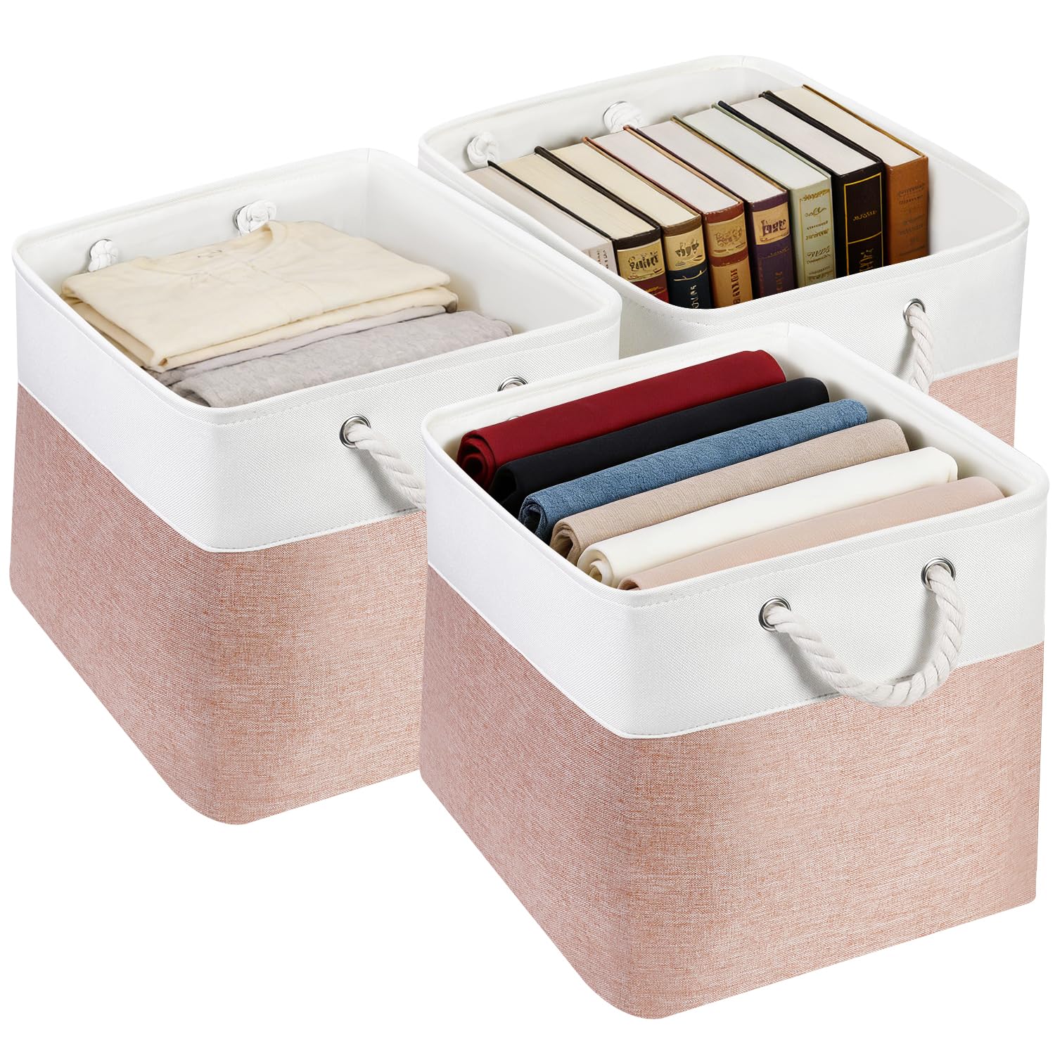 Junlai Pink-White 3 Pack Fabric Storage Boxes, Kallax Storage Boxes 33 X 38 X 33 With Handles, Foldable Large Storage Pink Basket For Office & Home, Book, Clothes, Toys(Pink-White)