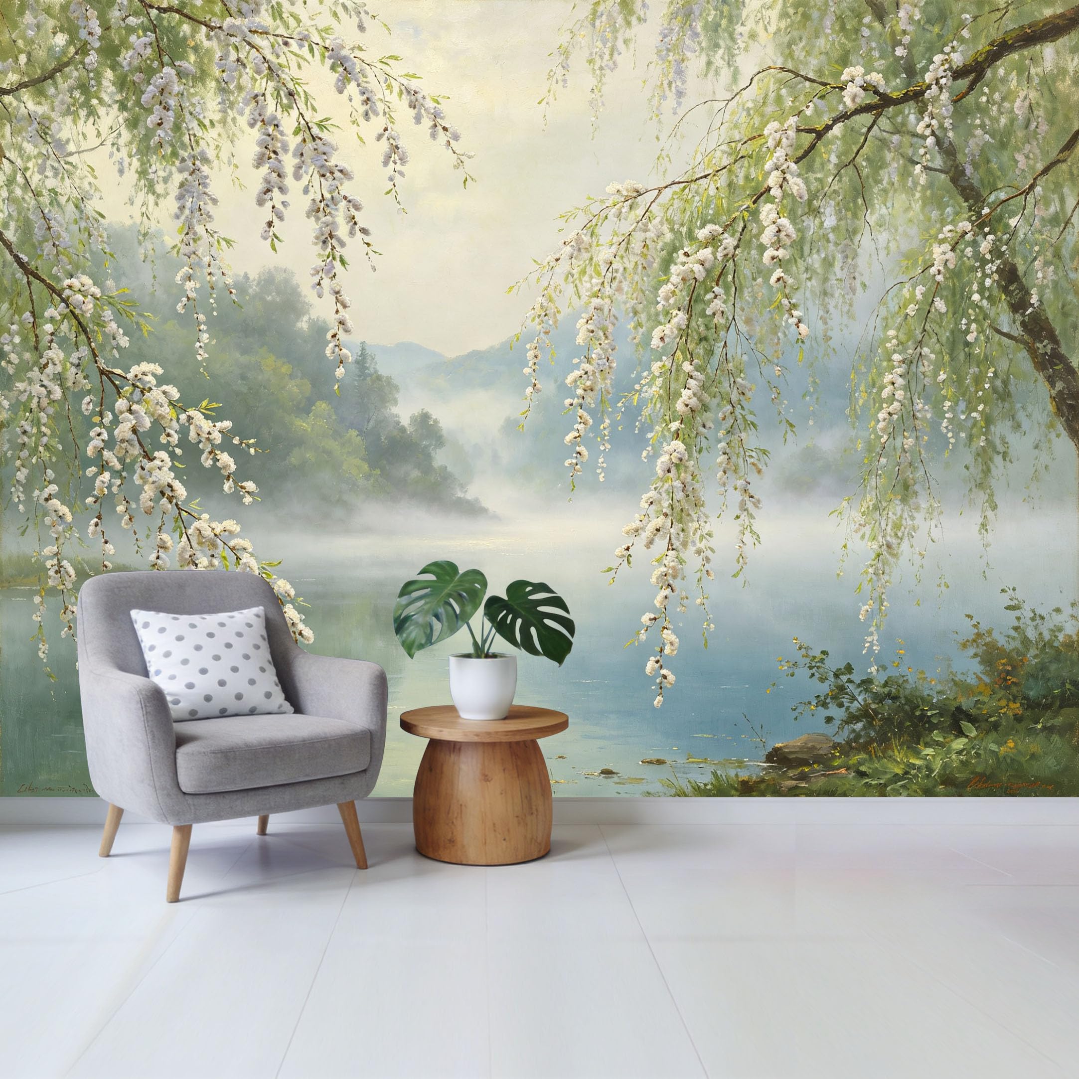 Qzlithotic Yq2605250899 Custom Size Wall Mural Misty Lake Landscape White Blossom Willow Tree Oil Painting Selfadhesive Wall Fabric Removable Wallpaper For Home Office Decor