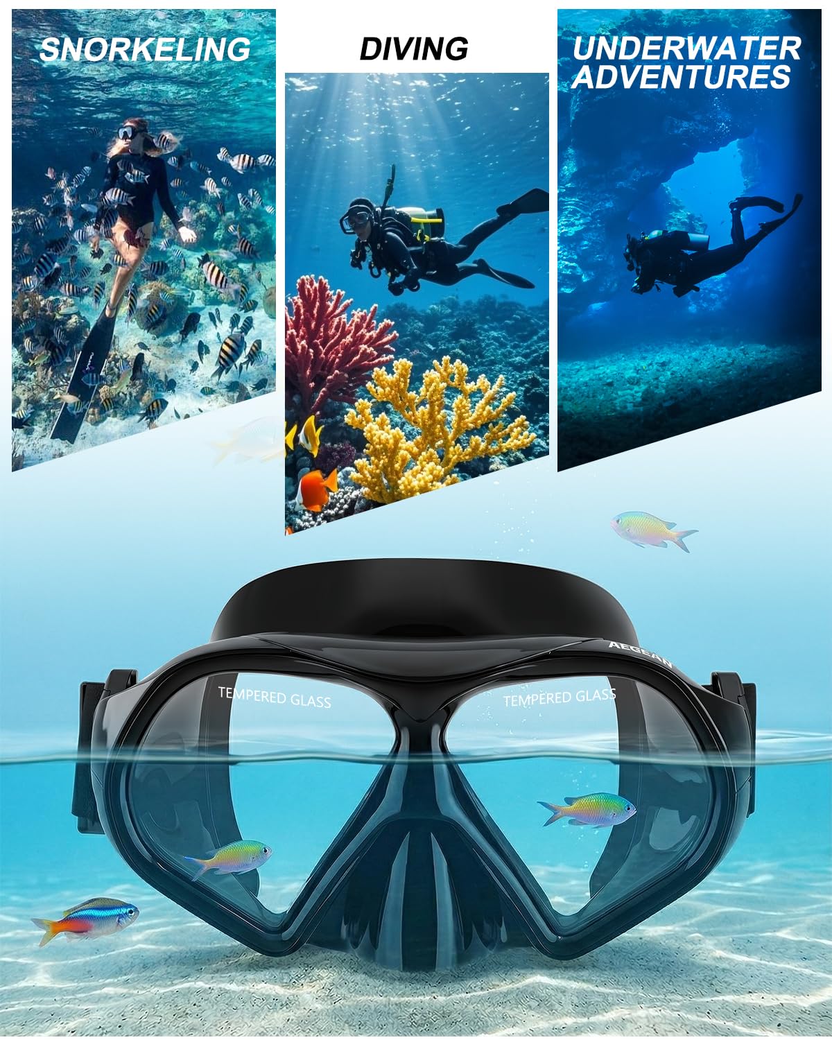Aegend Máscara de buceo para adultos y jóvenes, máscara de esnórquel profesional, antivaho, antifugas, para esnórquel, buceo, natación y buceo